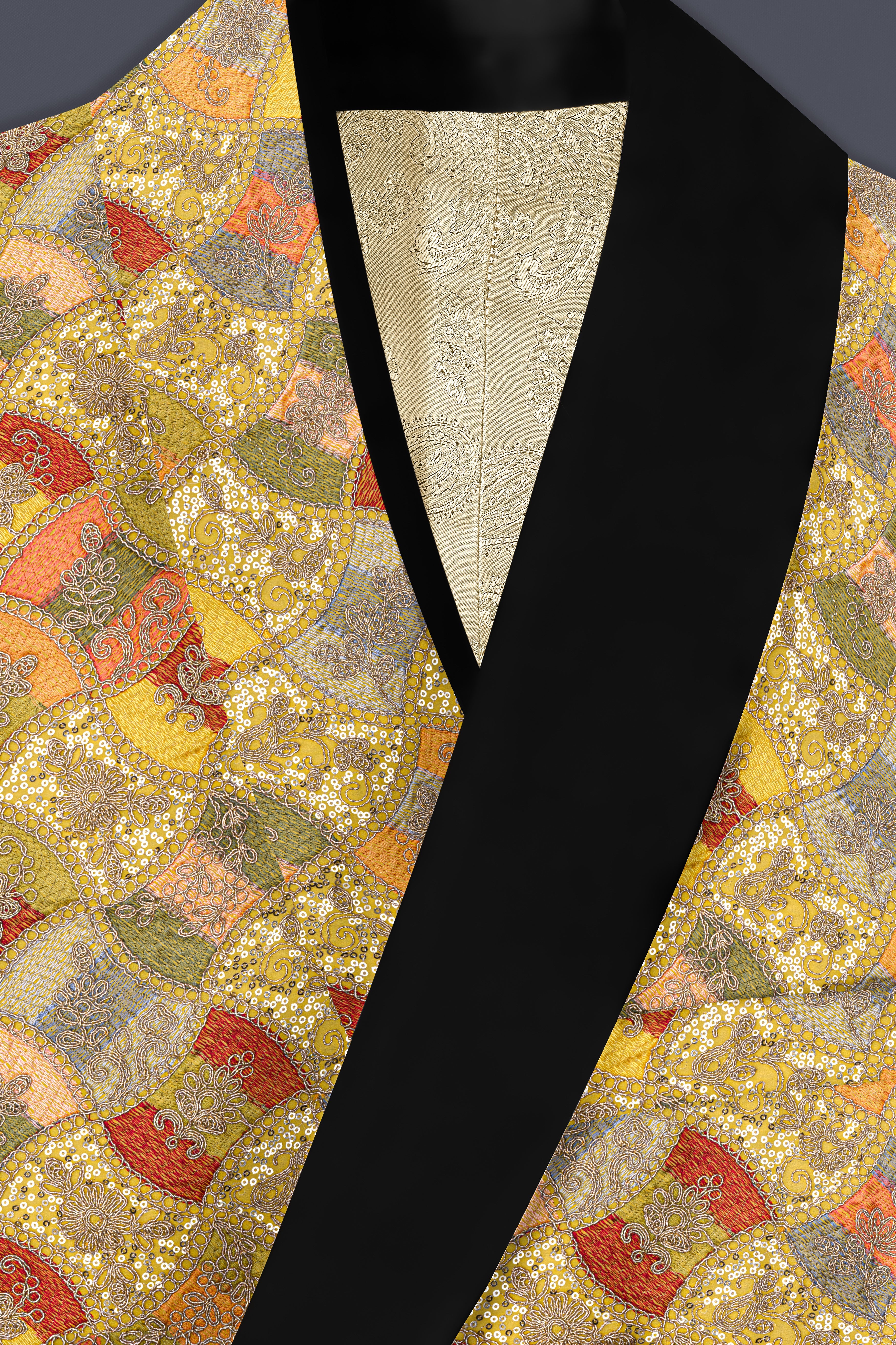 Leamon Yellow and Multicolor Embroidery Printed Tuxedo Blazer