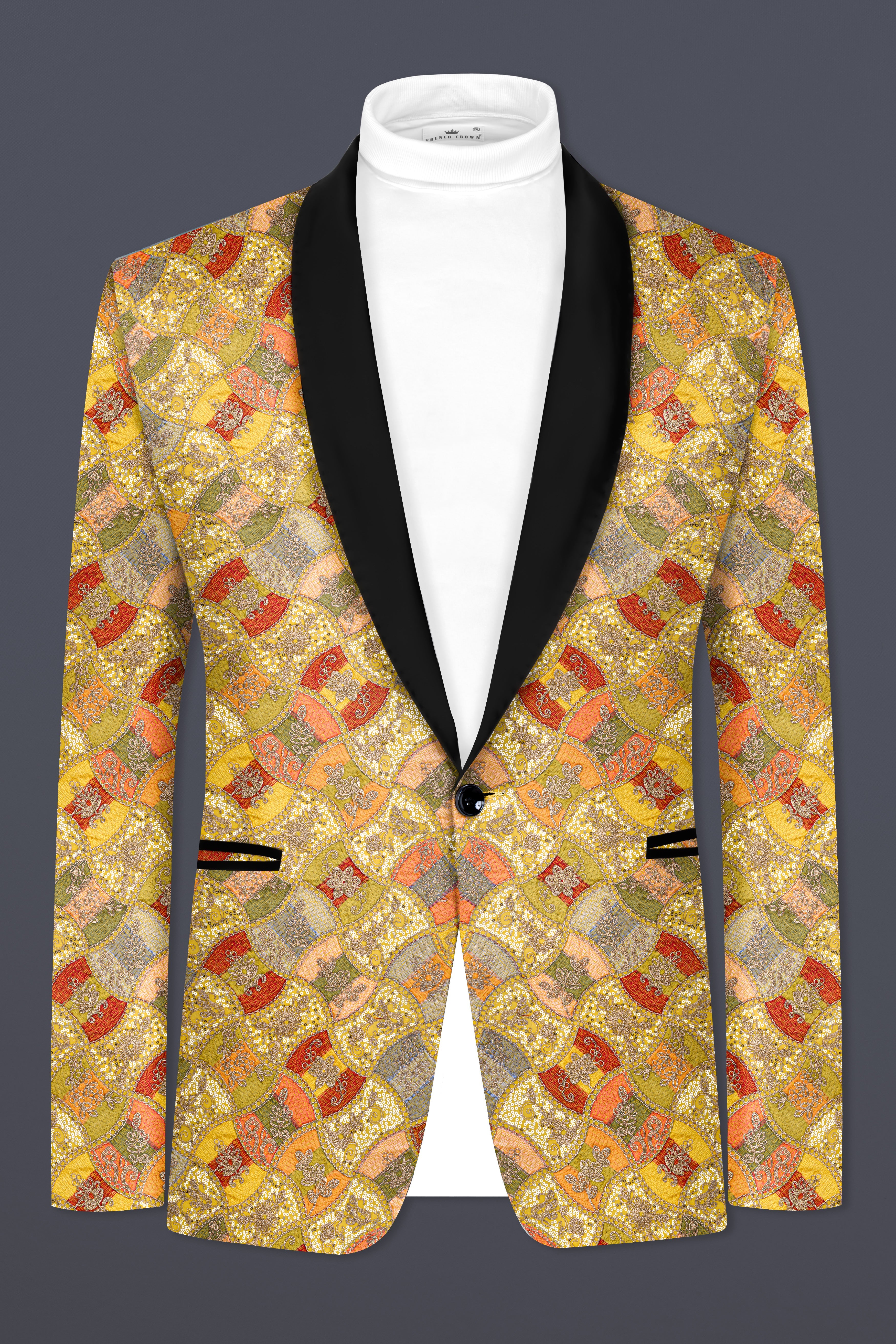 Leamon Yellow and Multicolor Embroidery Printed Tuxedo Blazer