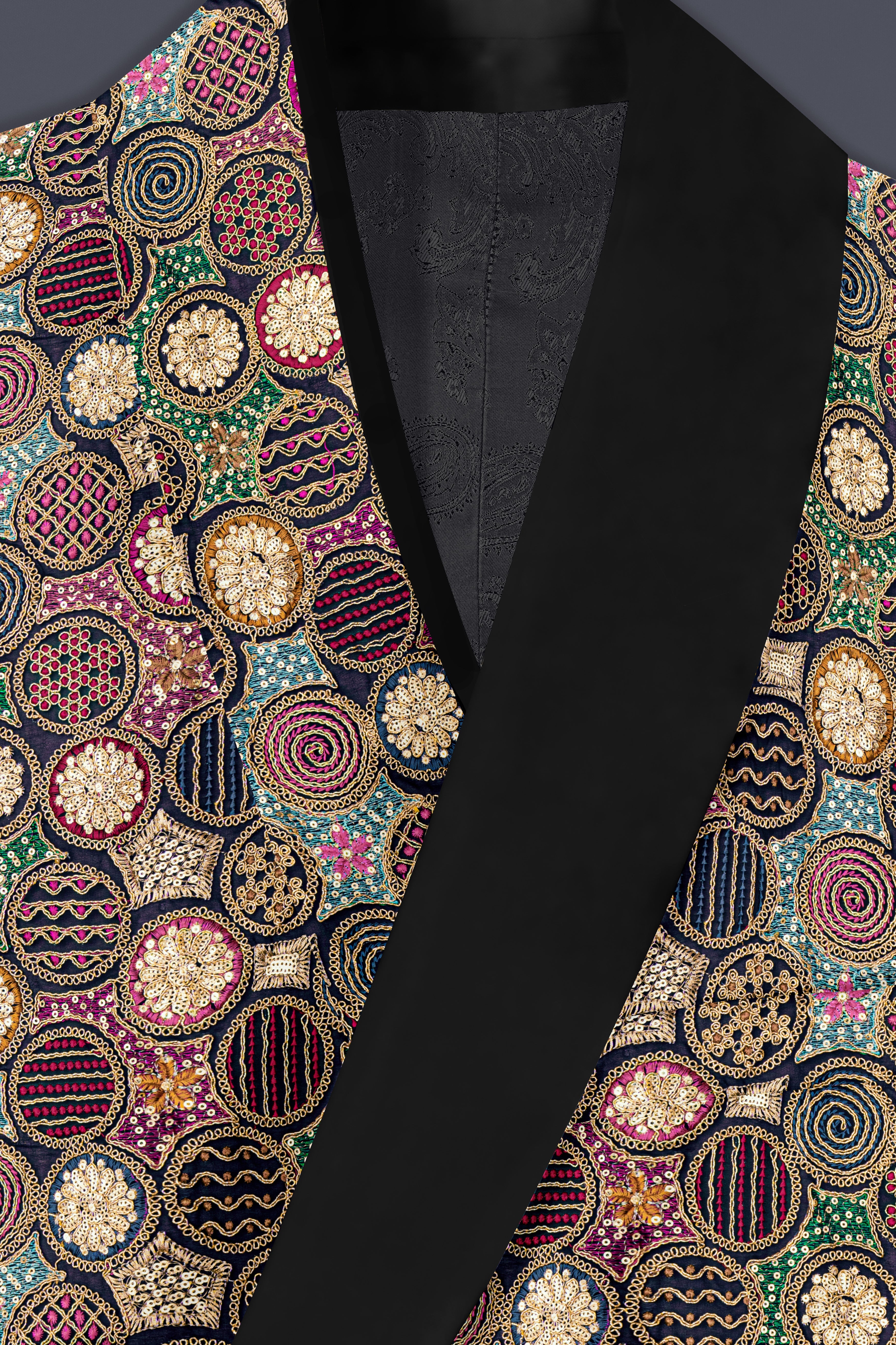 Black with Multicolor Heavy Embroidered Tuxedo Blazer