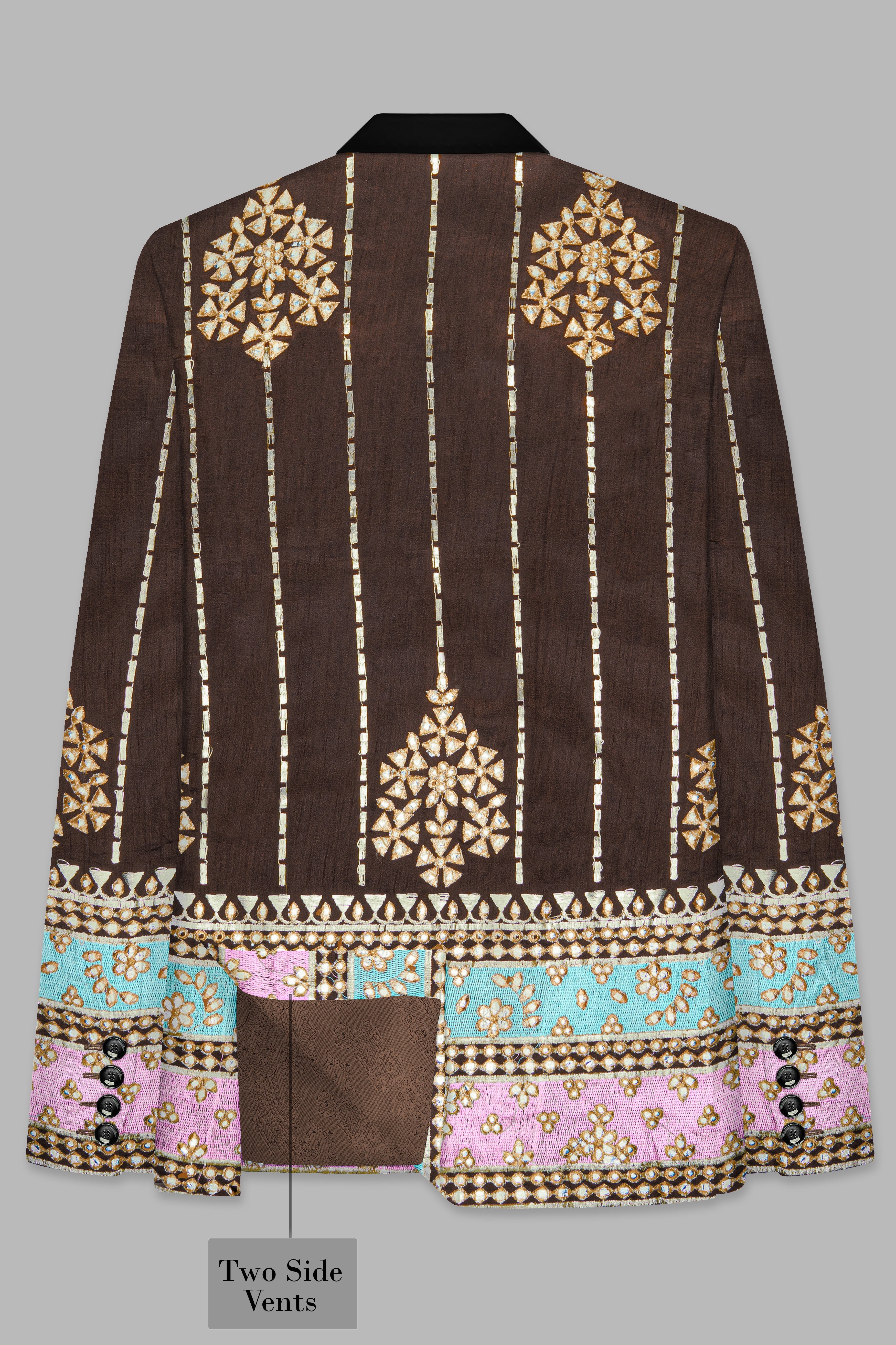Bistre Brown With Downy Blue and pink Rajputi Embroidered Tuxedo Blazer