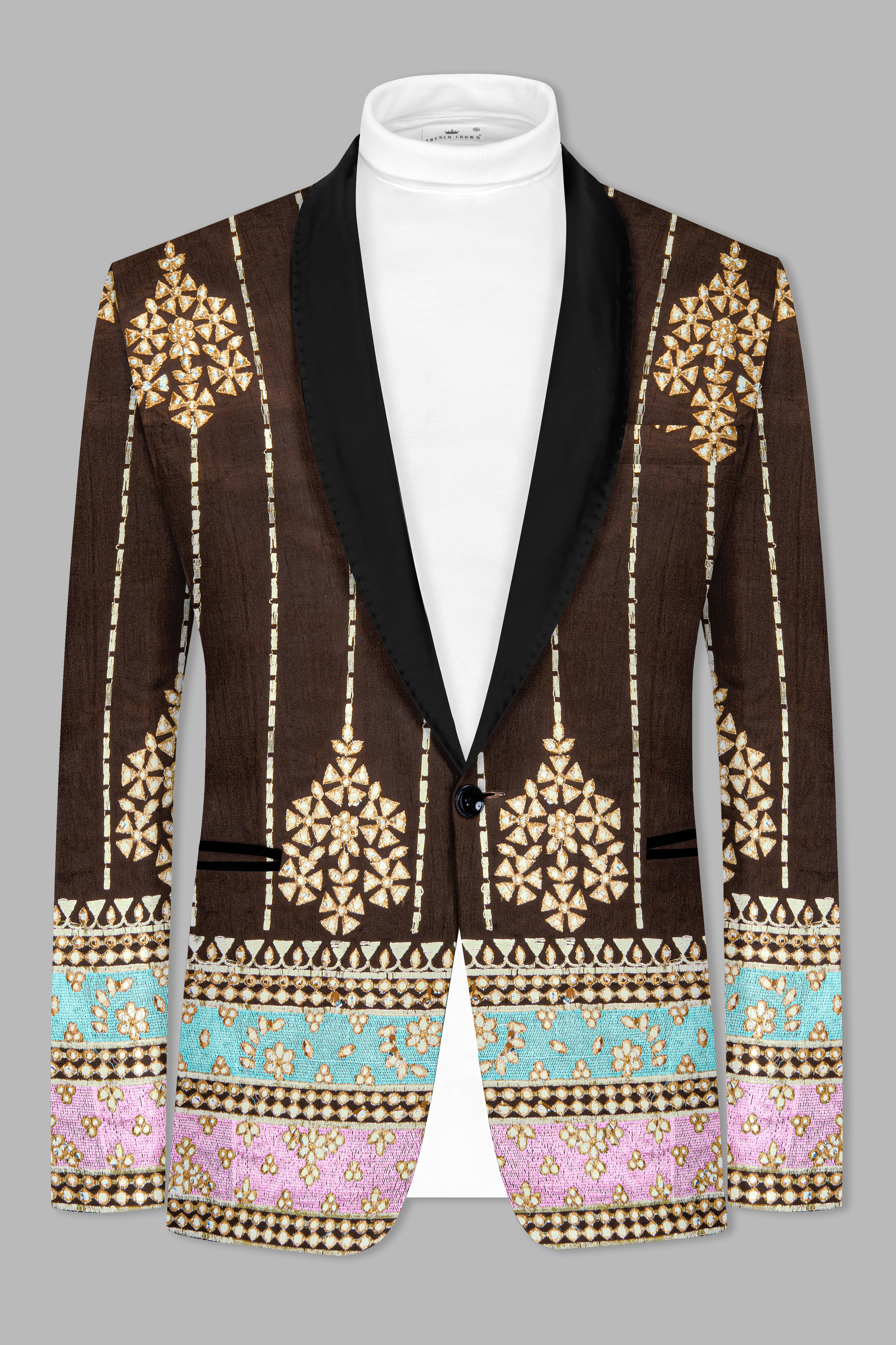 Bistre Brown With Downy Blue and pink Rajputi Embroidered Tuxedo Blazer