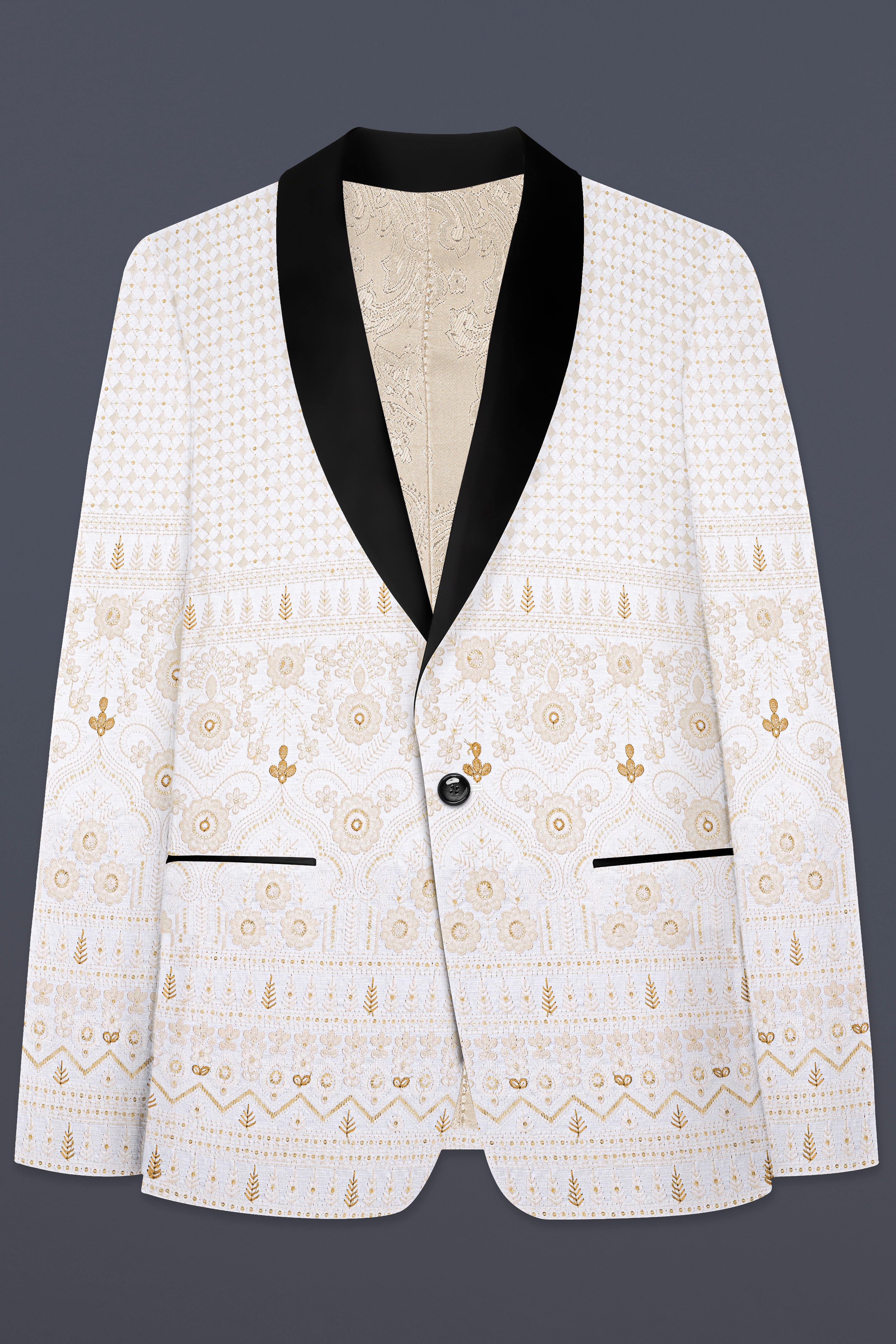 Cerammic Off White Lucknowi Sequins Embroidered Tuxedo Blazer
