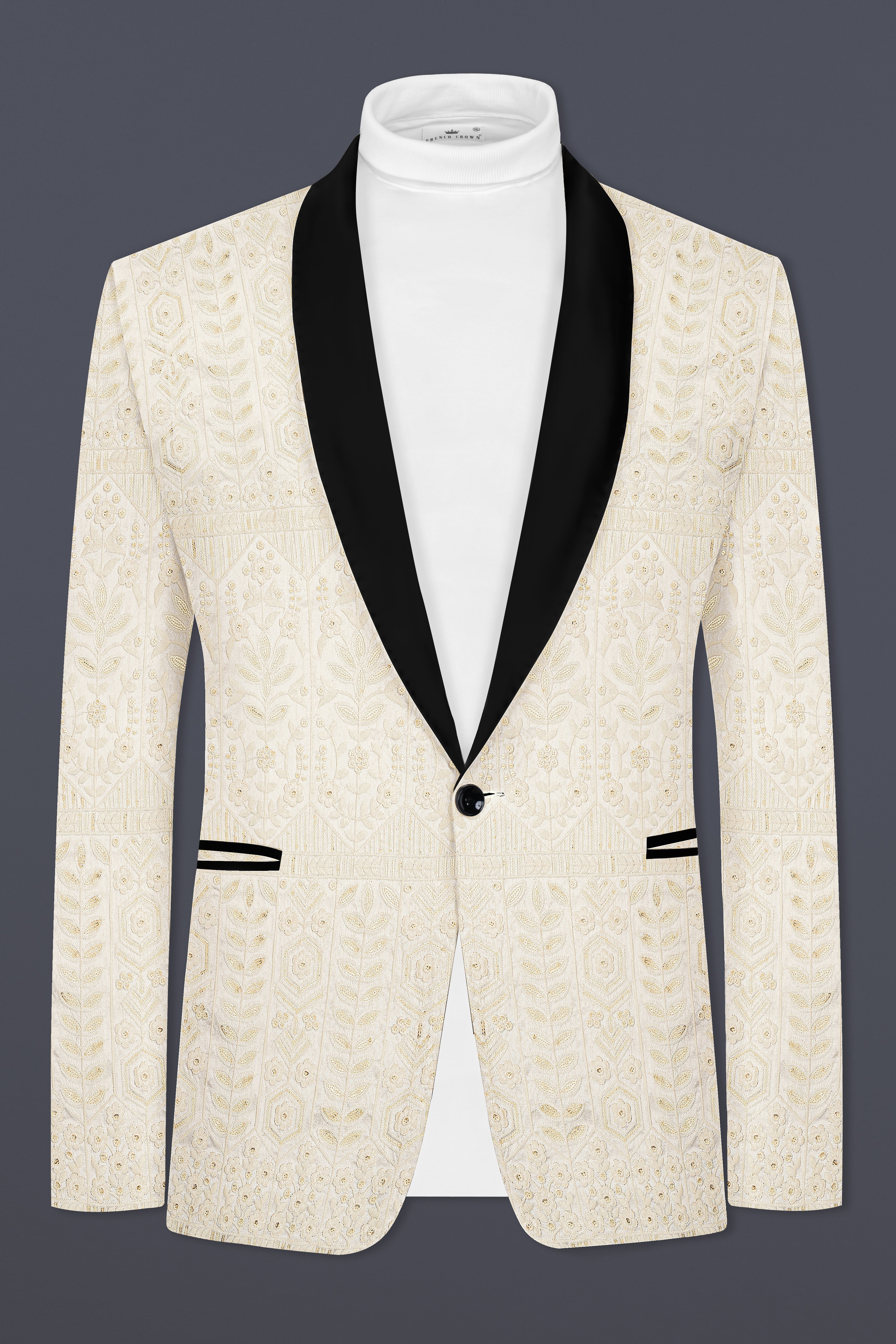 Merino Cream zardozi Sequins Embroidered Tuxedo Blazer