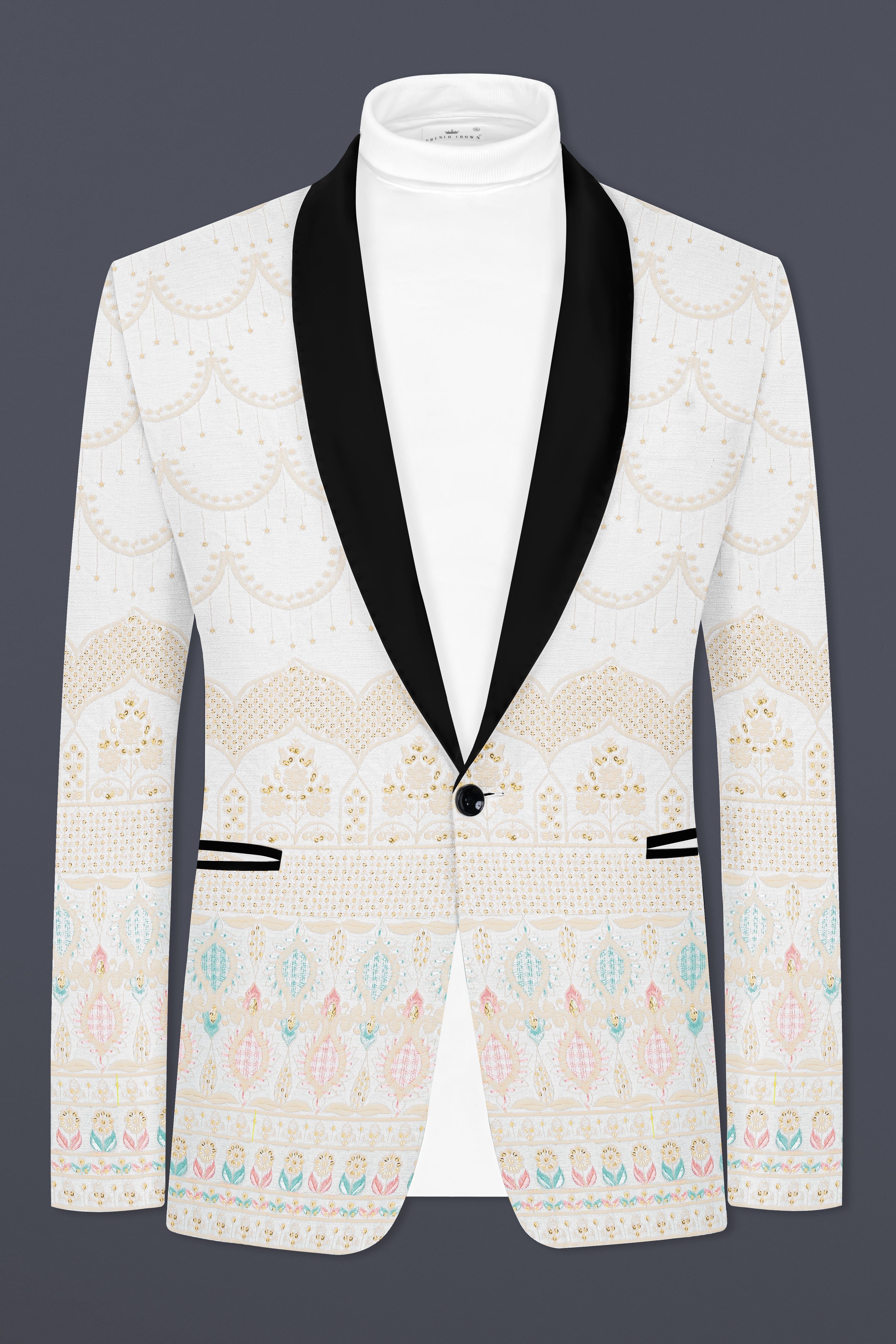 Off White And Oriental Pink Sequins Embroidered Tuxedo Blazer