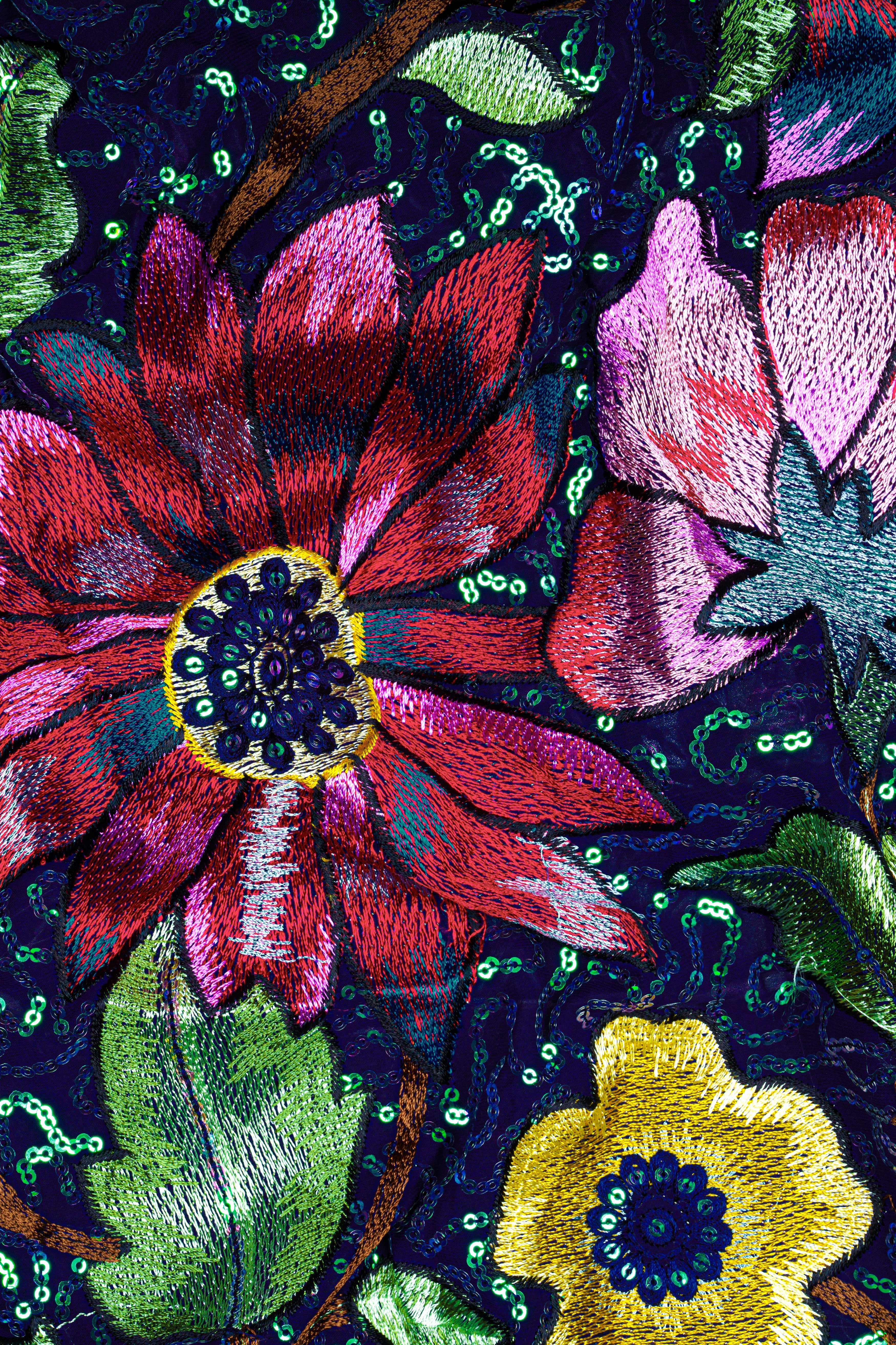 Indigo Blue Multi Color Flower Valley Printed Embroidered Tuxedo Blazer