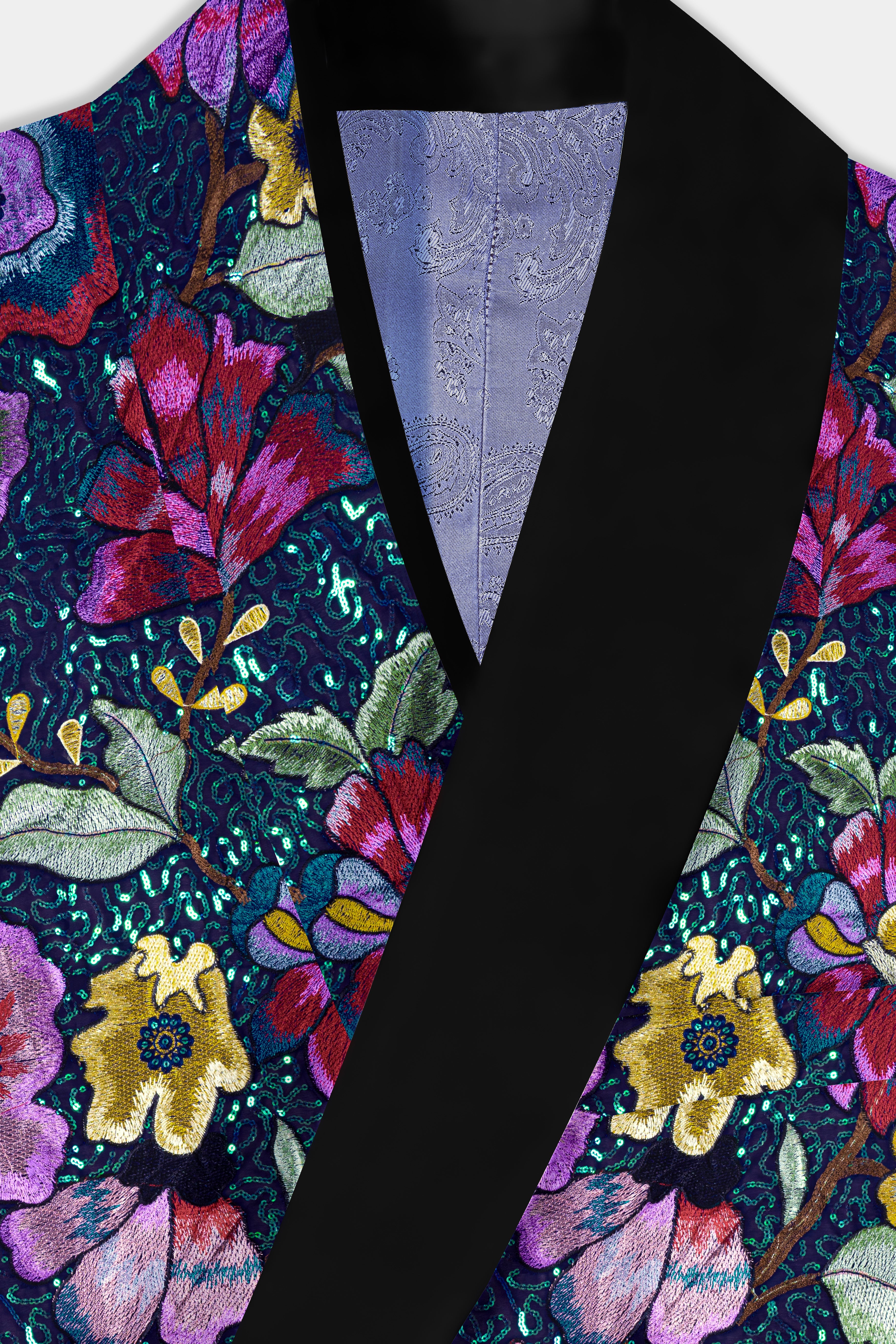 Indigo Blue Multi Color Flower Valley Printed Embroidered Tuxedo Blazer
