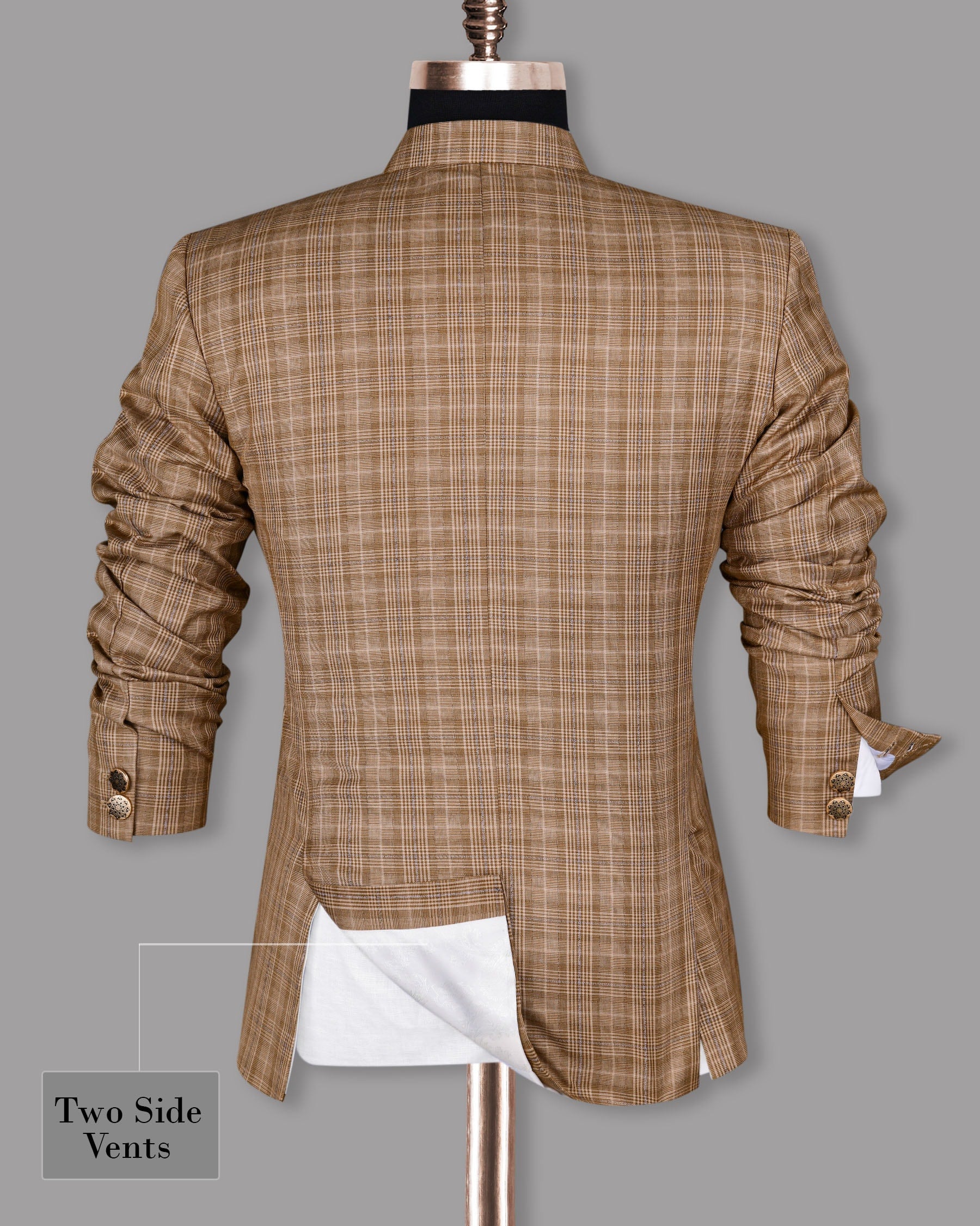 Camel Plaid Cross Placket Bandhgala/Mandarin Blazer