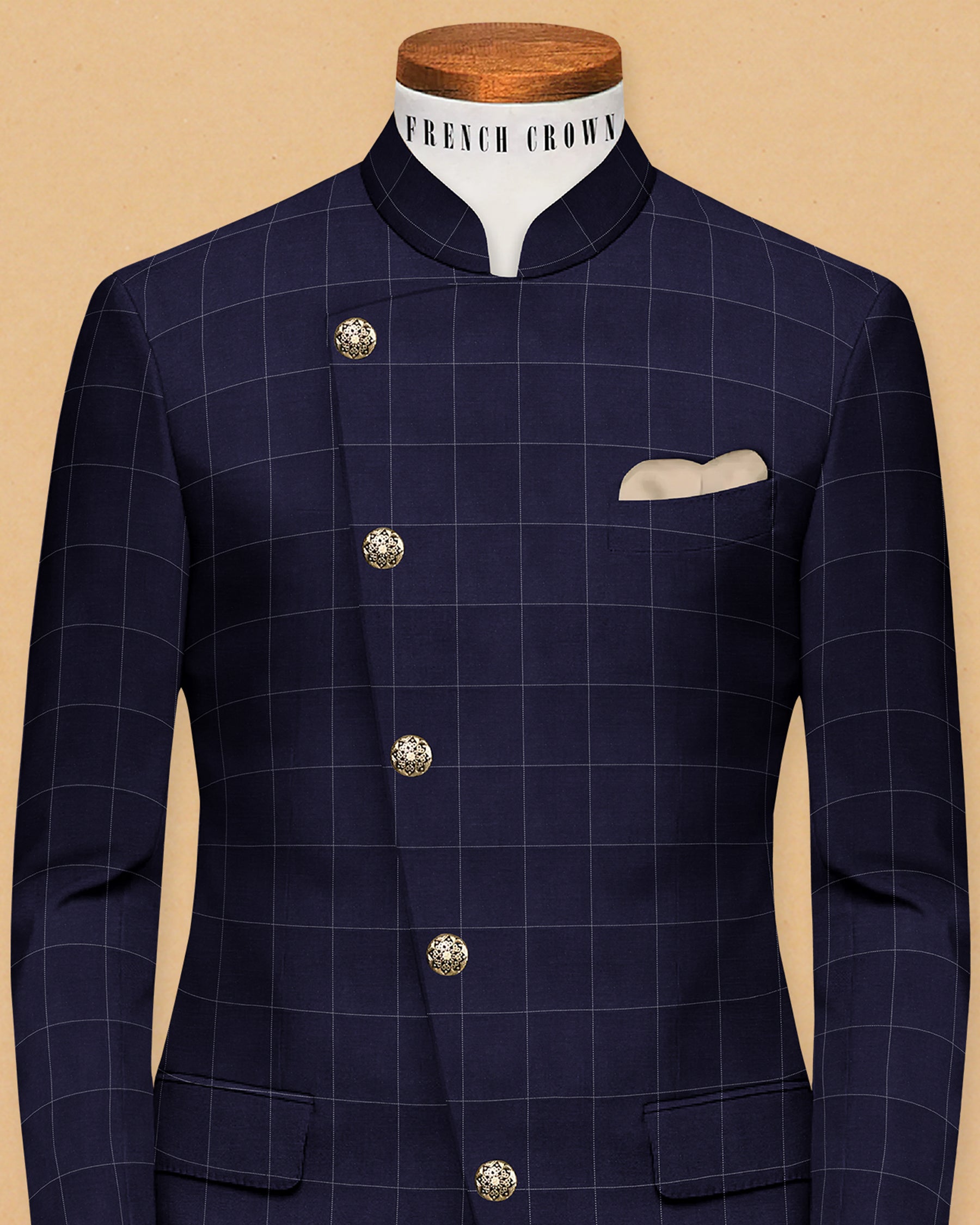 Mid Blue Windowpane Cross Placket Bandhgala/Mandarin wool Blazer