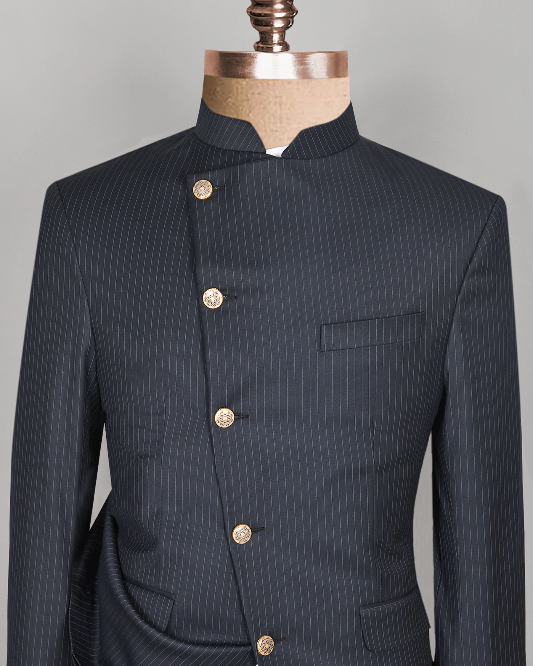 Jade Black Pinstriped Cross Buttoned Bandhgala/Mandarin wool blend Blazer BL515CBG-56, BL515CBG-54, BL515CBG-44, BL515CBG-36, BL515CBG-50, BL515CBG-40, BL515CBG-38, BL515CBG-42, BL515CBG-46, BL515CBG-48, BL515CBG-52, BL515CBG-58, BL515CBG-60