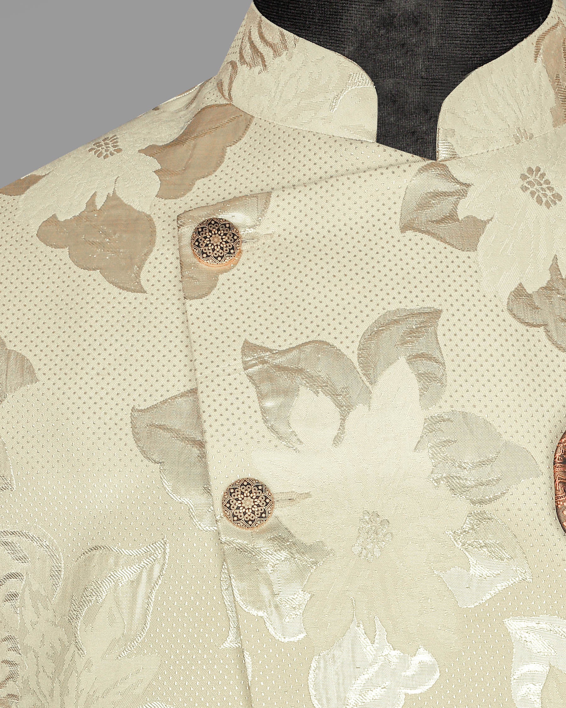 Cream Flowers and Leaves Jacquard Bandhgala/Mandarin Designer Blazer