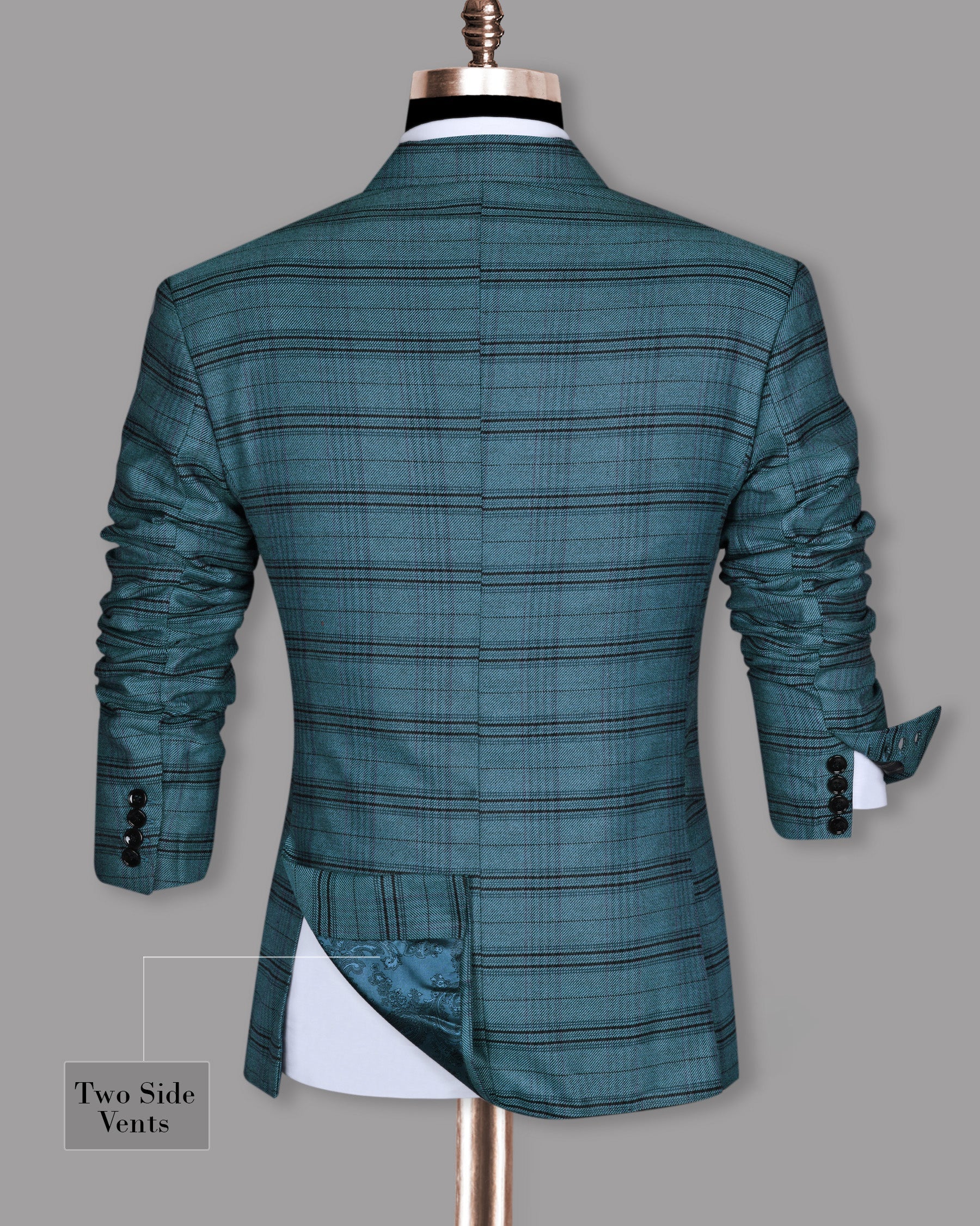 Steel Blue Plaid Twill Wool Blend Double Breasted Tweed Blazer