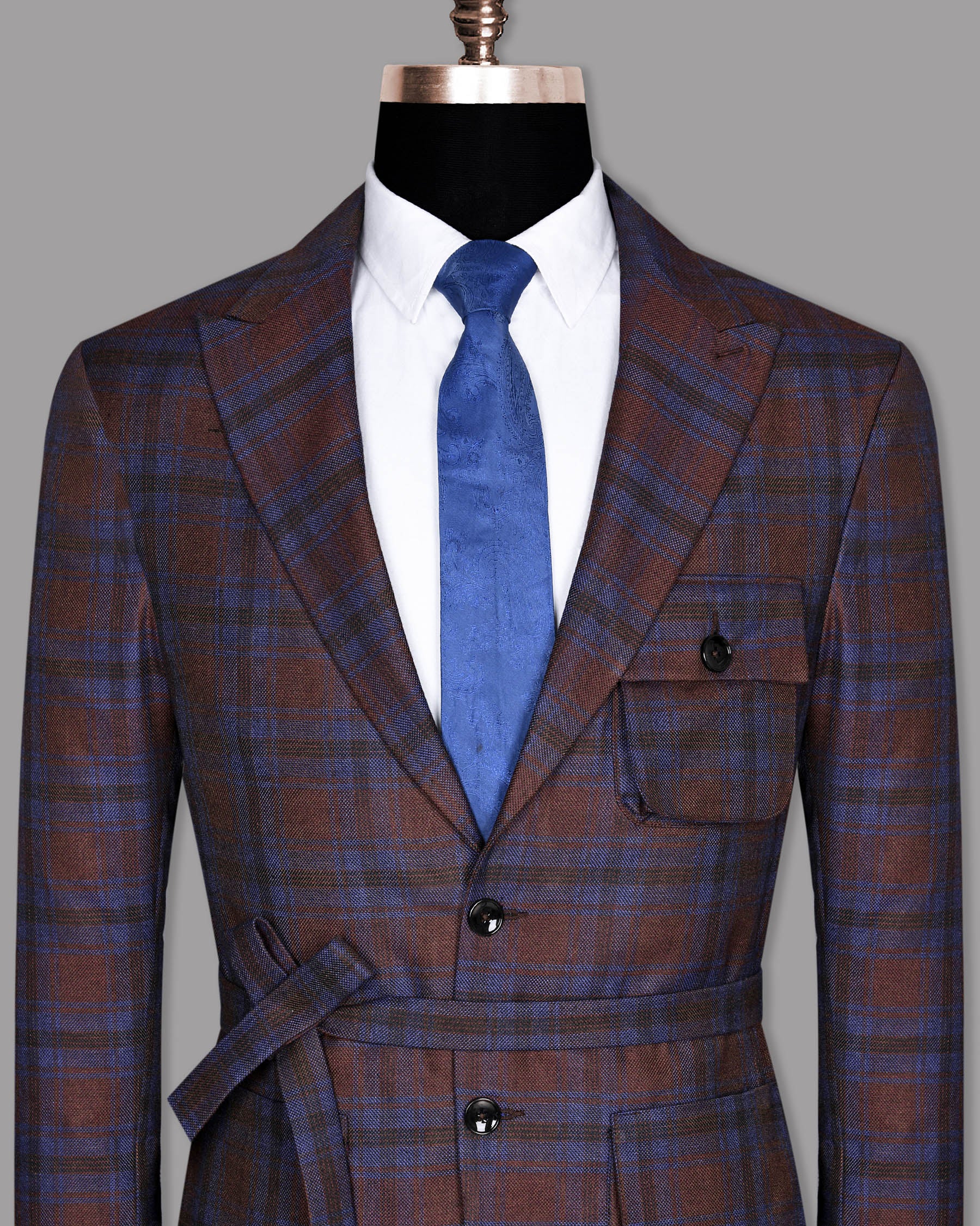 Maroon with Royal Blue Plaid Striped Wool Tweed Blazer BL685-D9-36, BL685-D9-38, BL685-D9-56, BL685-D9-40, BL685-D9-42, BL685-D9-44, BL685-D9-46, BL685-D9-48, BL685-D9-50, BL685-D9-54, BL685-D9-58, BL685-D9-60, BL685-D9-52
