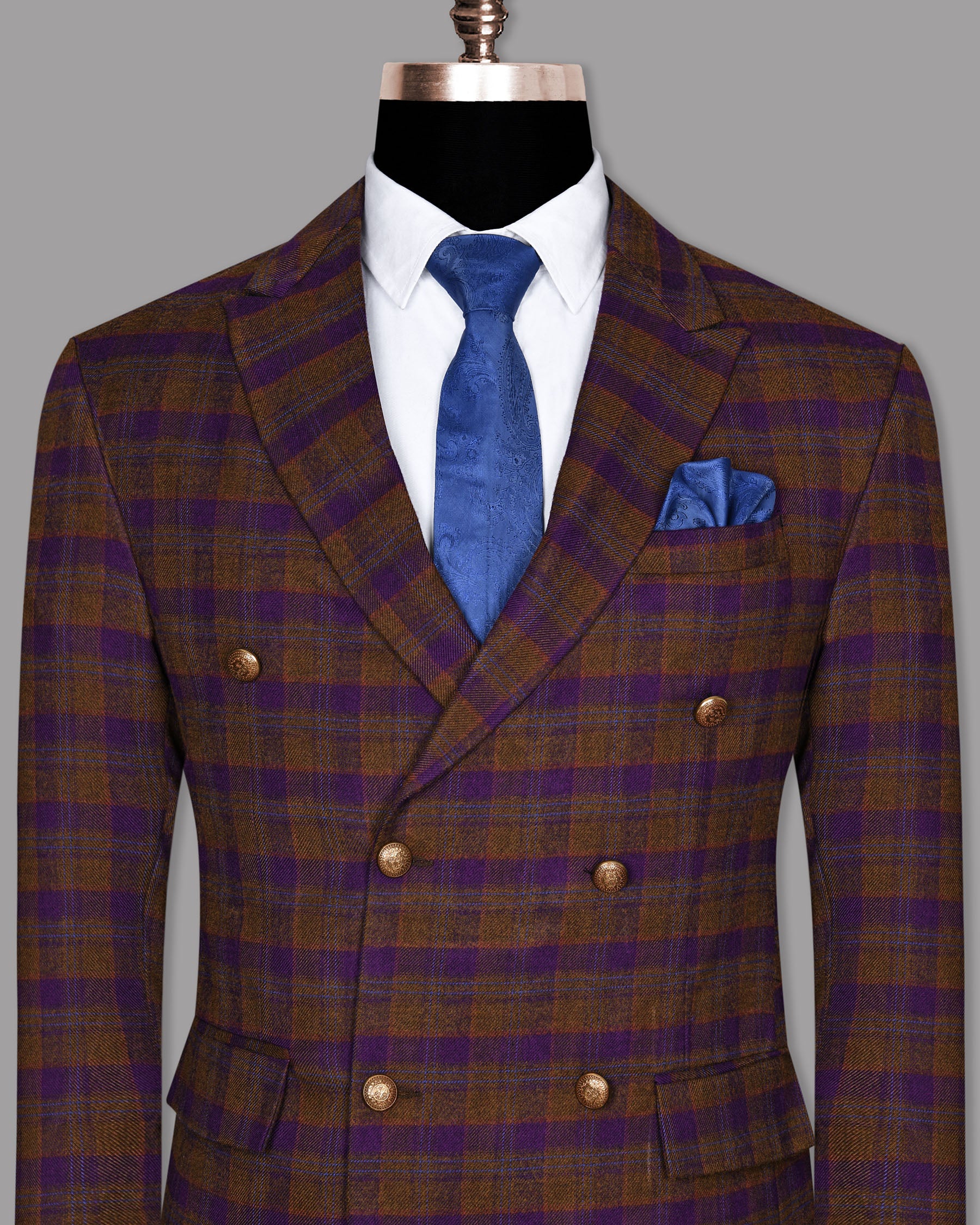 Brown with Purple Checked Flannel Wool Double Breasted Tweed Blazer BL687DB-38, BL687DB-40, BL687DB-42, BL687DB-44, BL687DB-46, BL687DB-48, BL687DB-50, BL687DB-52, BL687DB-60, BL687DB-36, BL687DB-54, BL687DB-56, BL687DB-58