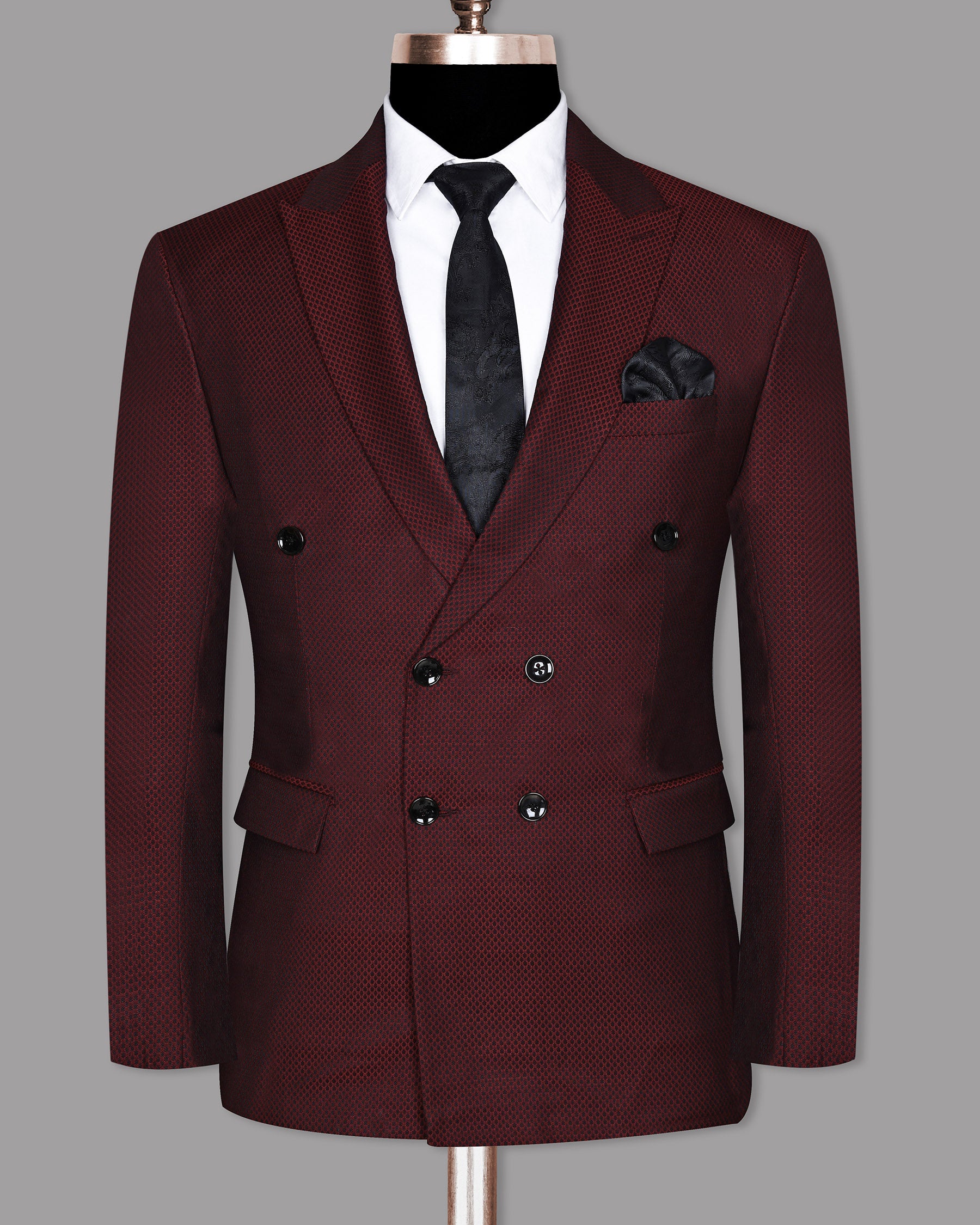 Jam Red with Black Dobby Wool Double Breasted Blazer