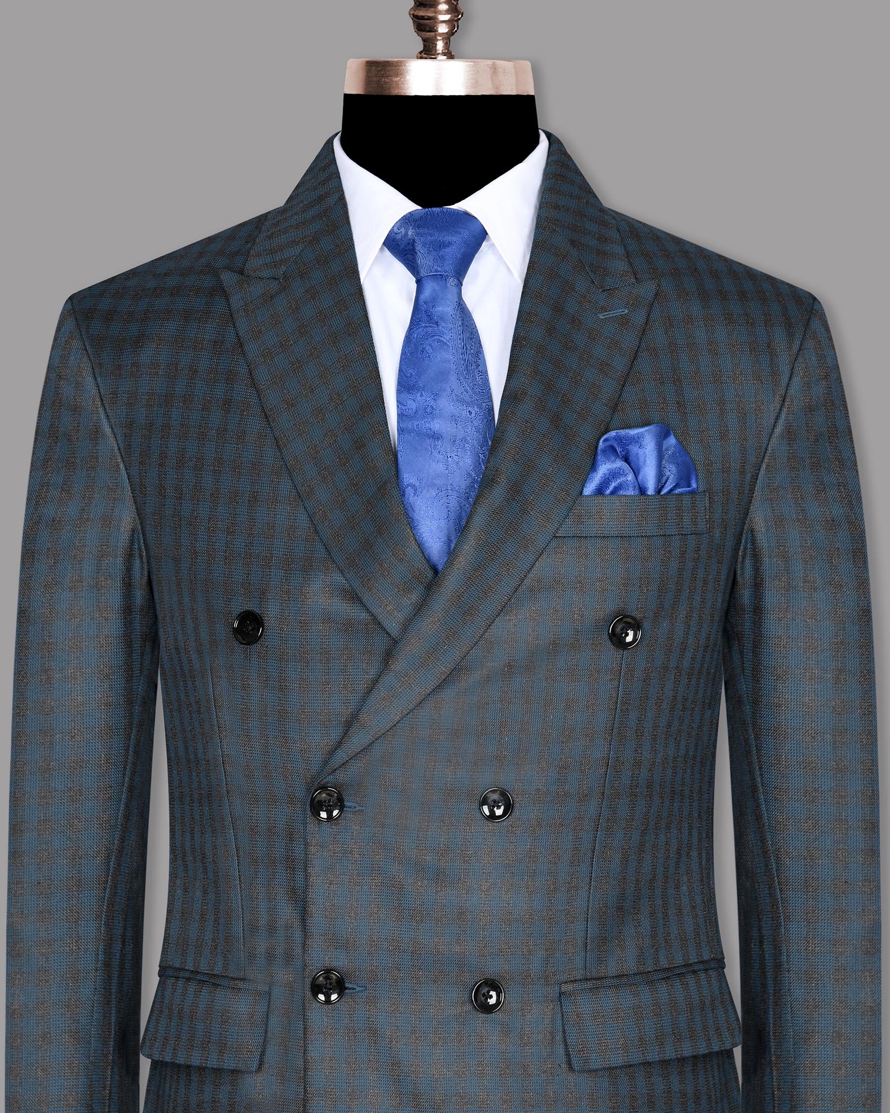 Charcoal with Sapphire Blue Checked Wool Blend Double Breasted Blazer BL708DB-36, BL708DB-40, BL708DB-42, BL708DB-48, BL708DB-46, BL708DB-50, BL708DB-56, BL708DB-60, BL708DB-58, BL708DB-38, BL708DB-44, BL708DB-52, BL708DB-54