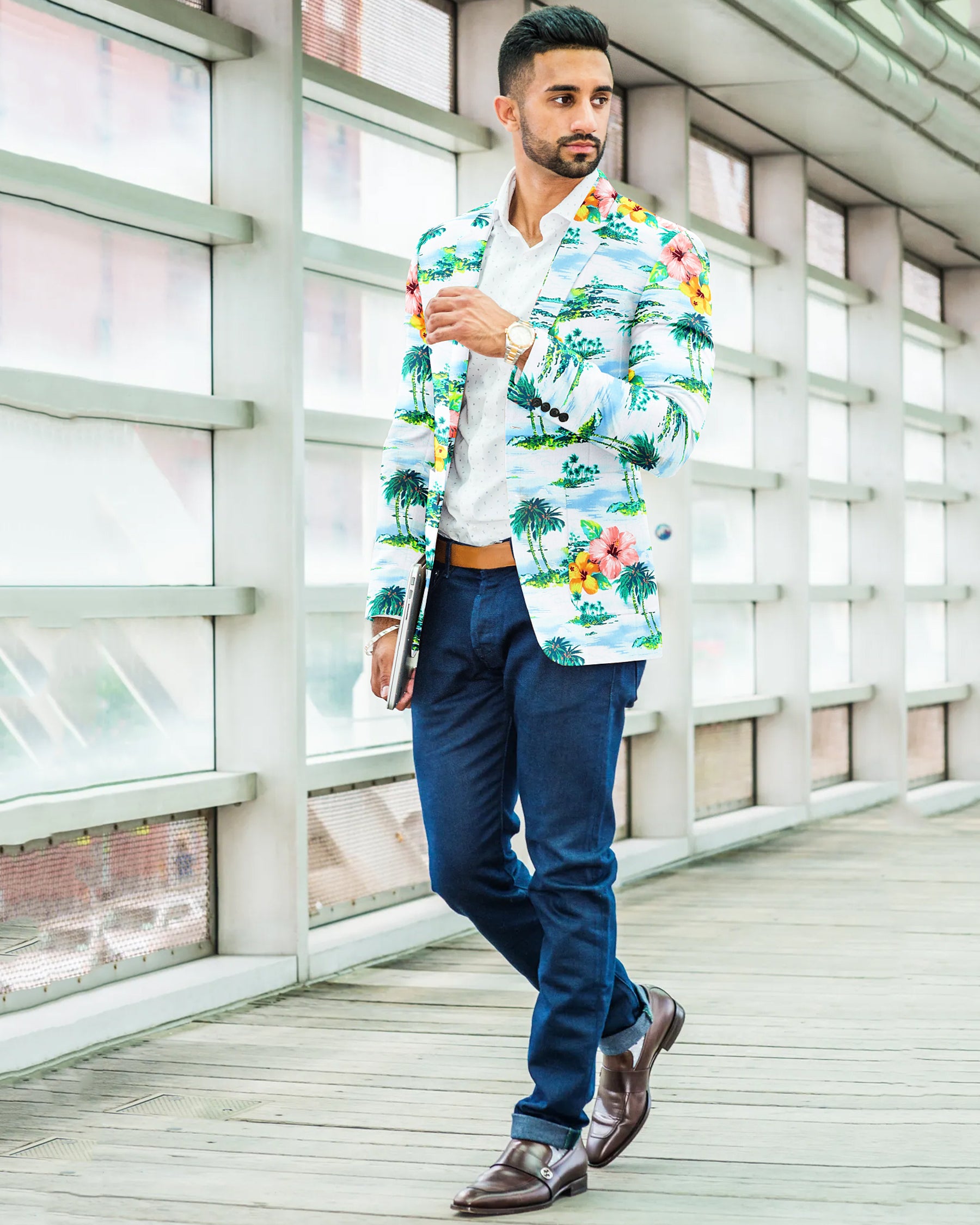 White Based Colorful Tropical Print Designer Blazer