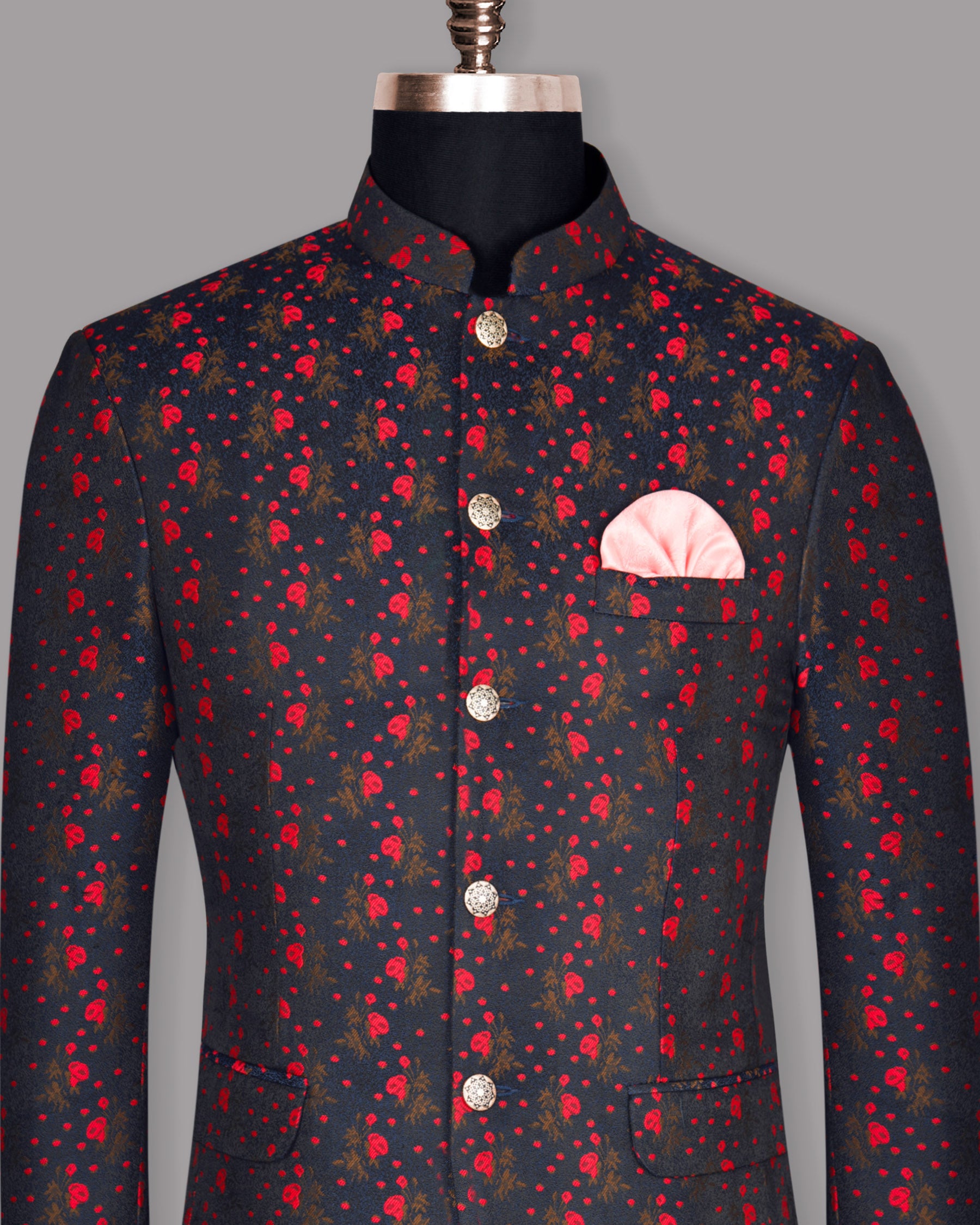 Navy with Red Flowers Patterned Designer Mandarin Blazer BL881-BG-42, BL881-BG-36, BL881-BG-38, BL881-BG-40, BL881-BG-60, BL881-BG-44, BL881-BG-46, BL881-BG-48, BL881-BG-52, BL881-BG-56, BL881-BG-58, BL881-BG-50, BL881-BG-54