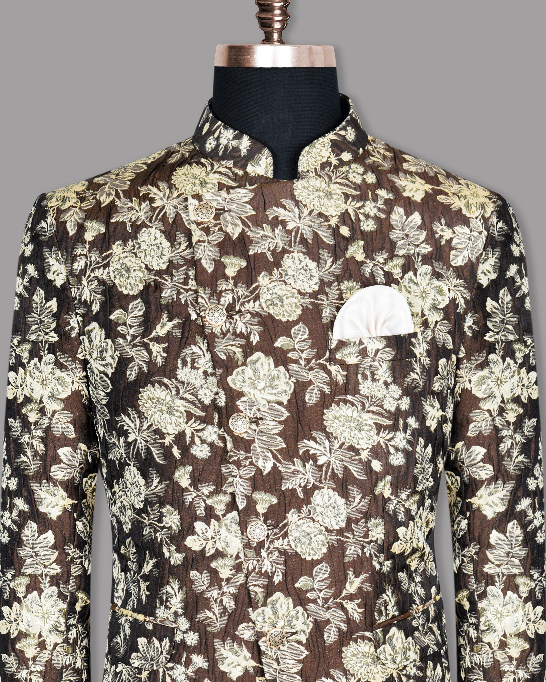 Coffee with Cream and Golden Flower Jacquard Textured Cross buttoned Mandarin Designer Blazer BL909-CBG-36, BL909-CBG-60, BL909-CBG-40, BL909-CBG-38, BL909-CBG-44, BL909-CBG-48, BL909-CBG-52, BL909-CBG-54, BL909-CBG-42, BL909-CBG-46, BL909-CBG-50, BL909-CBG-56, BL909-CBG-58