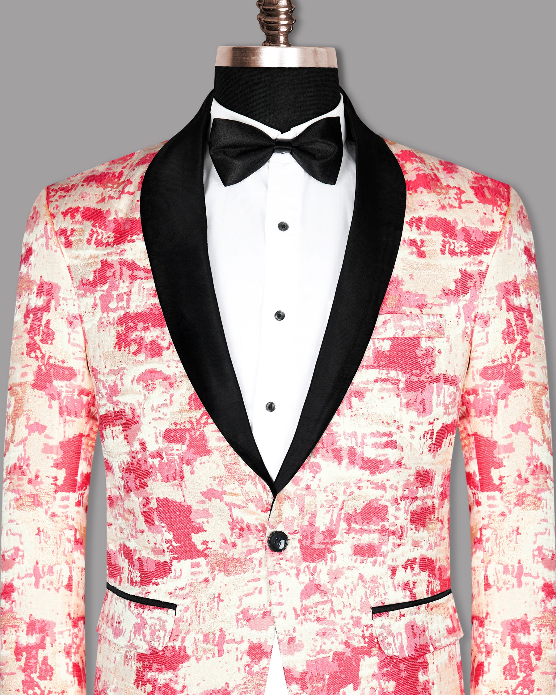 Rouge Pink with Golden Abstract Jacquard Patterned Designer Tuxedo Blazer BL914-BKL-36, BL914-BKL-38, BL914-BKL-40, BL914-BKL-42, BL914-BKL-44, BL914-BKL-46, BL914-BKL-48, BL914-BKL-60, BL914-BKL-50, BL914-BKL-56, BL914-BKL-58, BL914-BKL-52, BL914-BKL-54