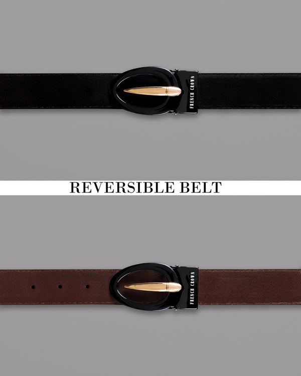 Glossy Black and Golden Oval  buckled Reversible jade Black and Brown Vegan Leather Handcrafted Belt BT029-28, BT029-30, BT029-32, BT029-34, BT029-36, BT029-38
