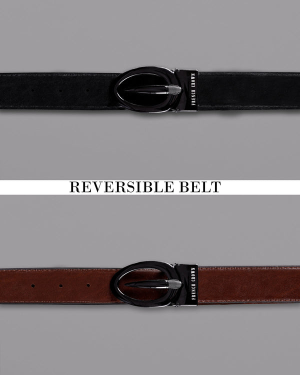 Glossy grey Oval  buckled Reversible jade Black and tan Vegan Leather Handcrafted Belt BT030-28, BT030-30, BT030-32, BT030-34, BT030-36, BT030-38