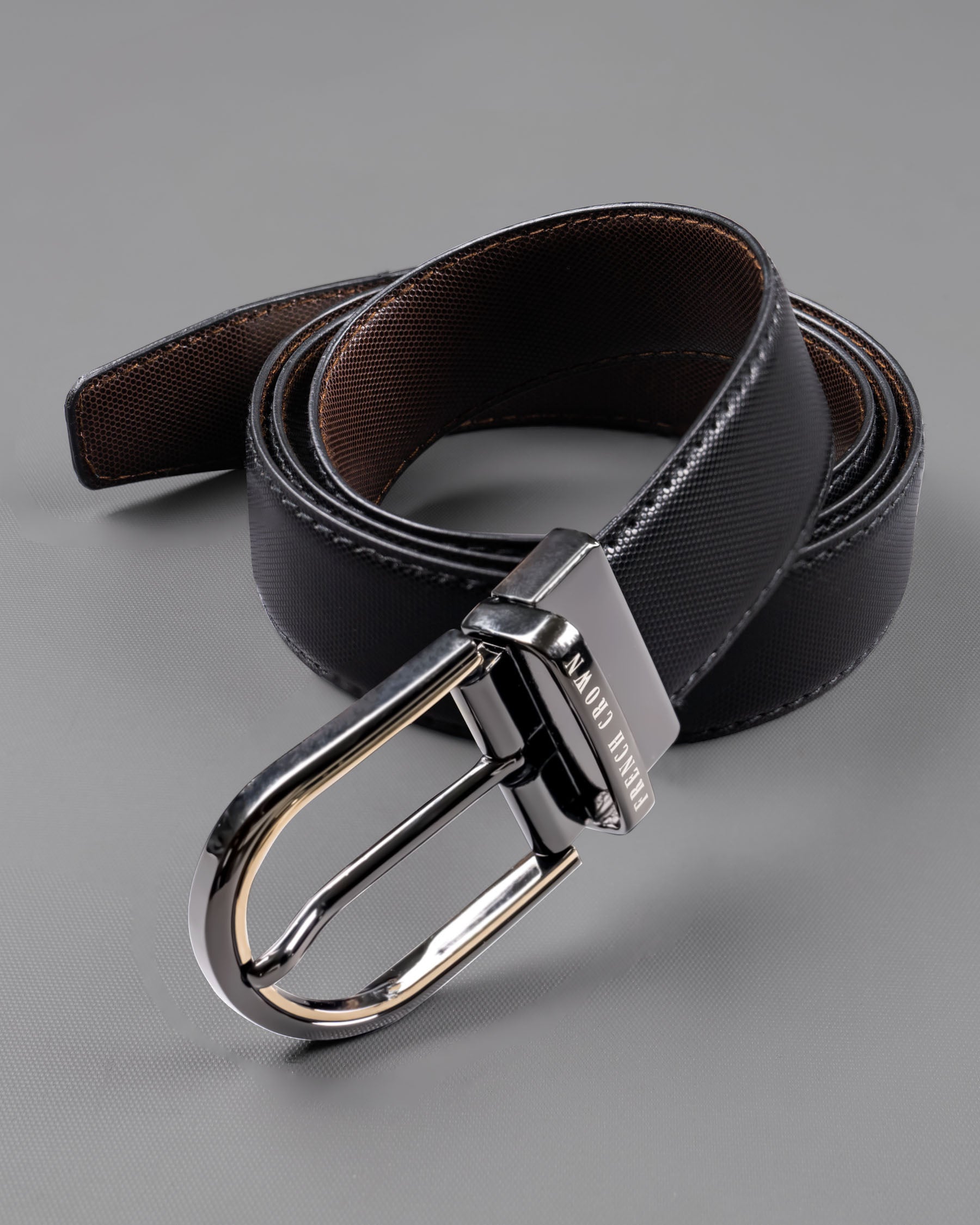 Glossy grey with Golden oval buckled Reversible jade Black and Brown Vegan Leather Handcrafted Belt