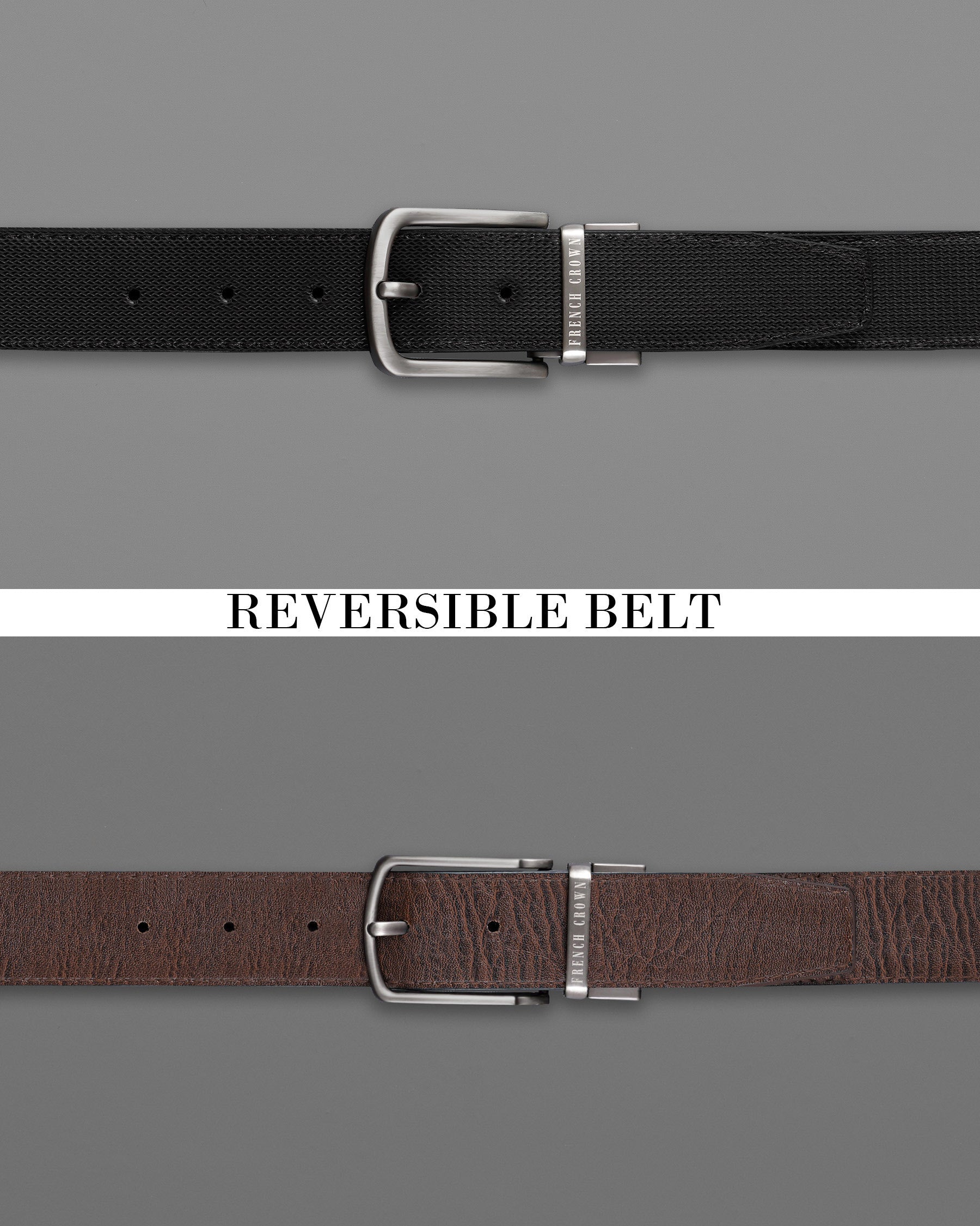 Silver Metallic Buckle Glossy Finish with Jade Black and Brown Leather Free Handcrafted Reversible Belt BT055-28, BT055-30, BT055-32, BT055-34, BT055-36, BT055-38 