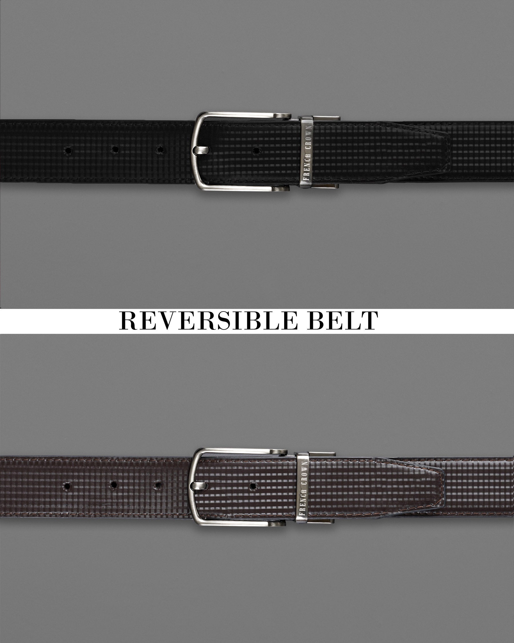 Silver Metallic Shiny Buckle with Matt Finish Jade Black and Brown Leather Free Handcrafted Reversible Belt BT079-28, BT079-30, BT079-32, BT079-34, BT079-36, BT079-38