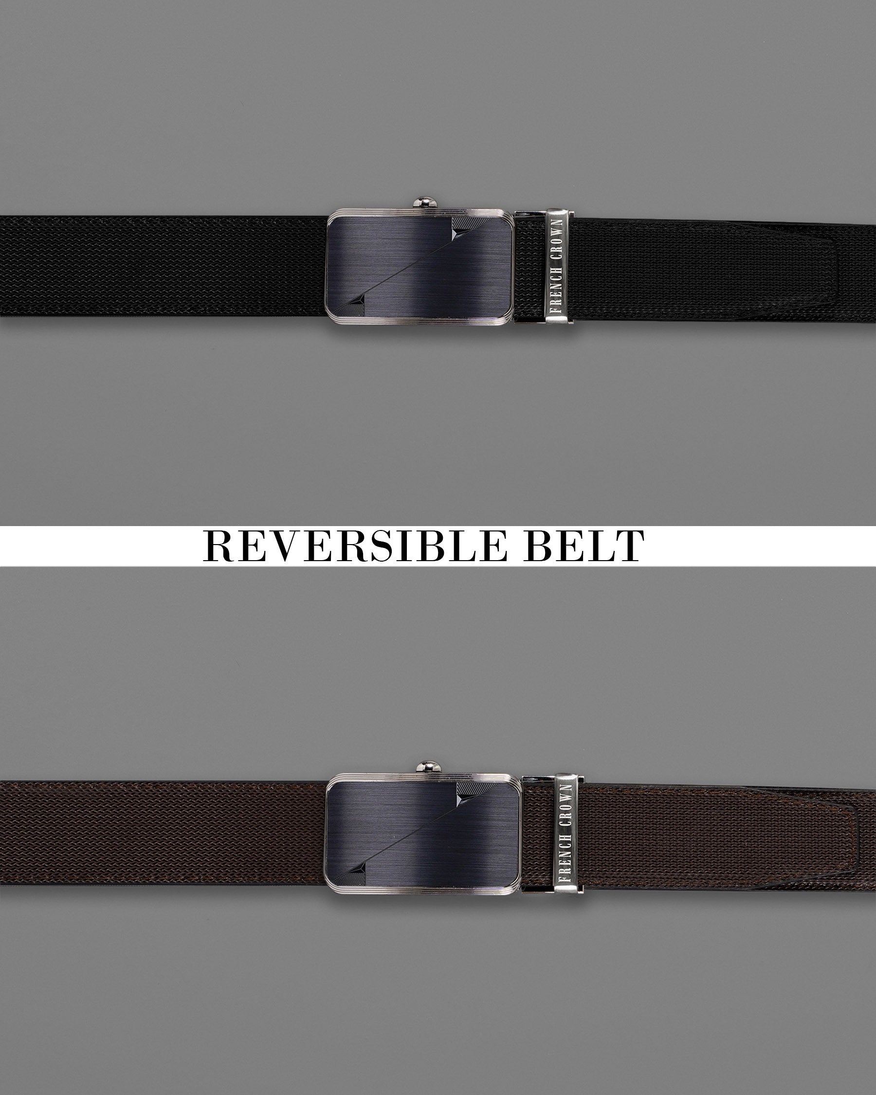 Designer Black and Silver Buckle Matte Finish with Jade Black and Dark Brown Leather Free Handcrafted Reversible Belt BT093-28, BT093-30, BT093-32, BT093-34, BT093-36, BT093-38 