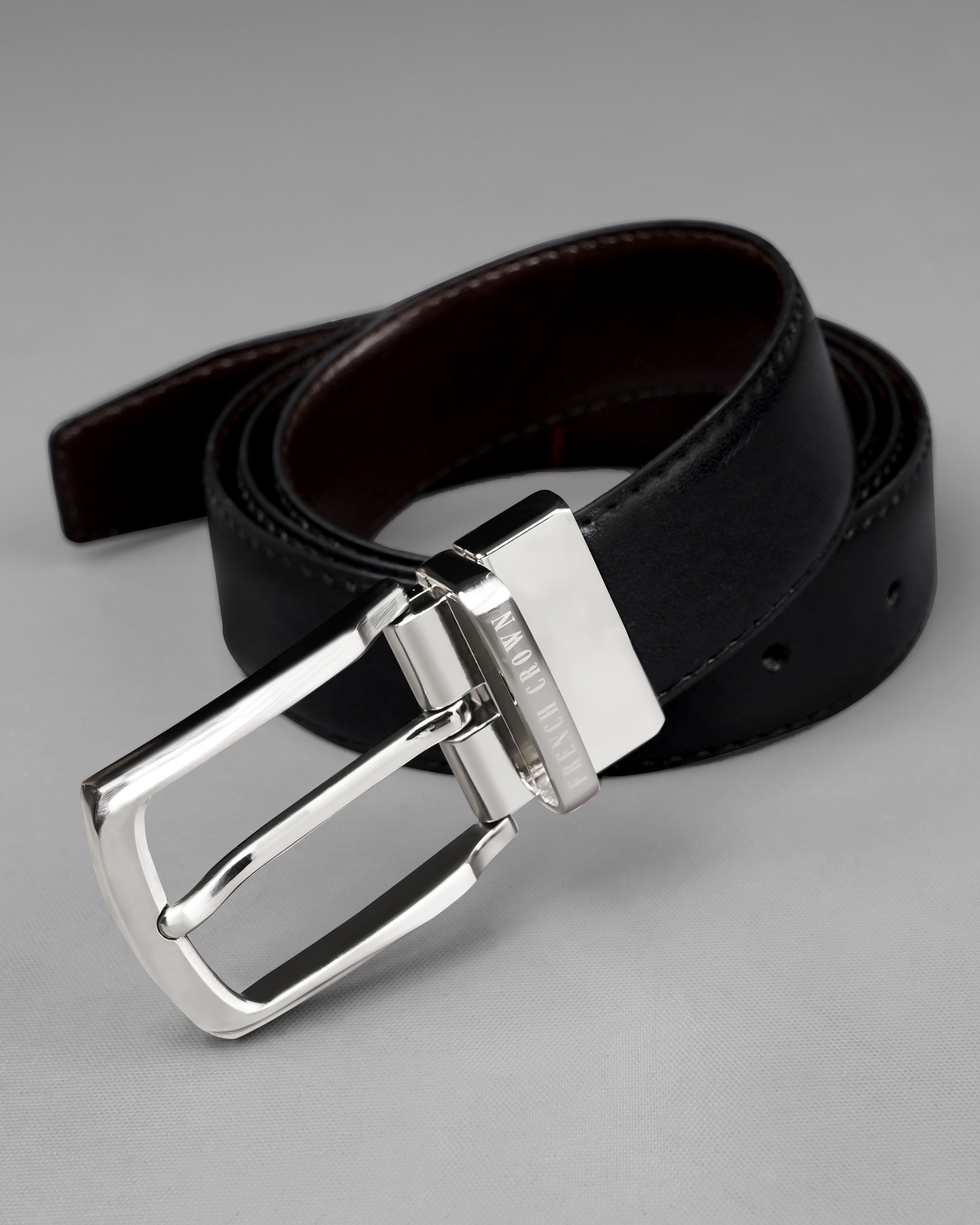 Silver Metallic Buckle with Jade Black and Brown Leather Free Handcrafted Reversible Belt