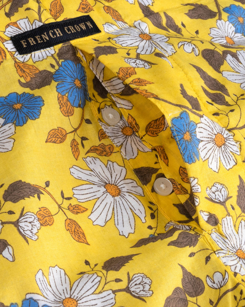 Sandstorm Yellow Floral Printed and Bright White with Downriver Blue Plaid Premium Cotton Boxers BX390-28, BX390-30, BX390-32, BX390-34, BX390-36, BX390-38, BX390-40, BX390-42, BX390-44