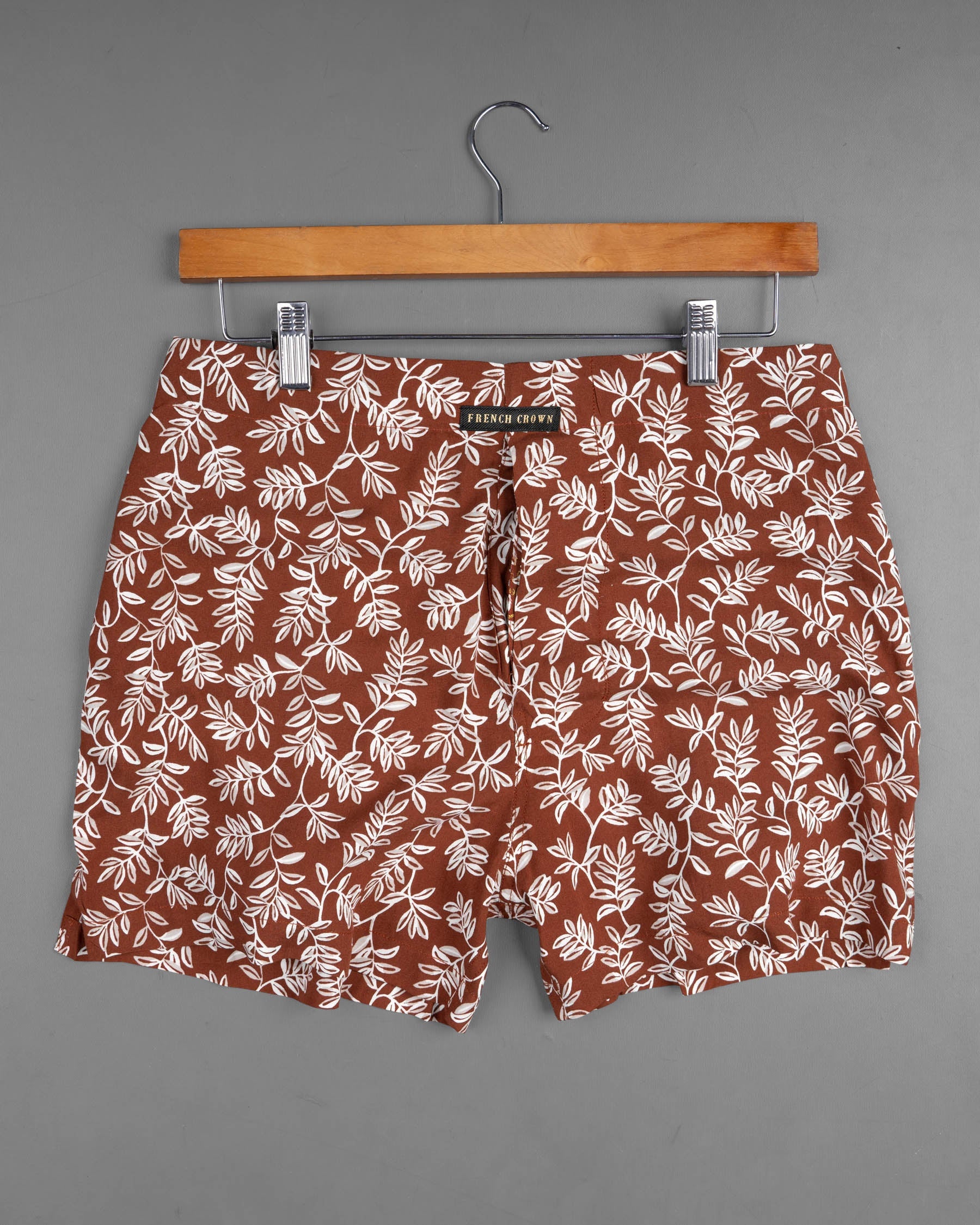 Nutmeg Brown Leaves Floral Printed Premium Tencel Boxers BX396-02-28, BX396-02-30, BX396-02-32, BX396-02-34, BX396-02-36, BX396-02-38, BX396-02-40, BX396-02-42, BX396-02-44