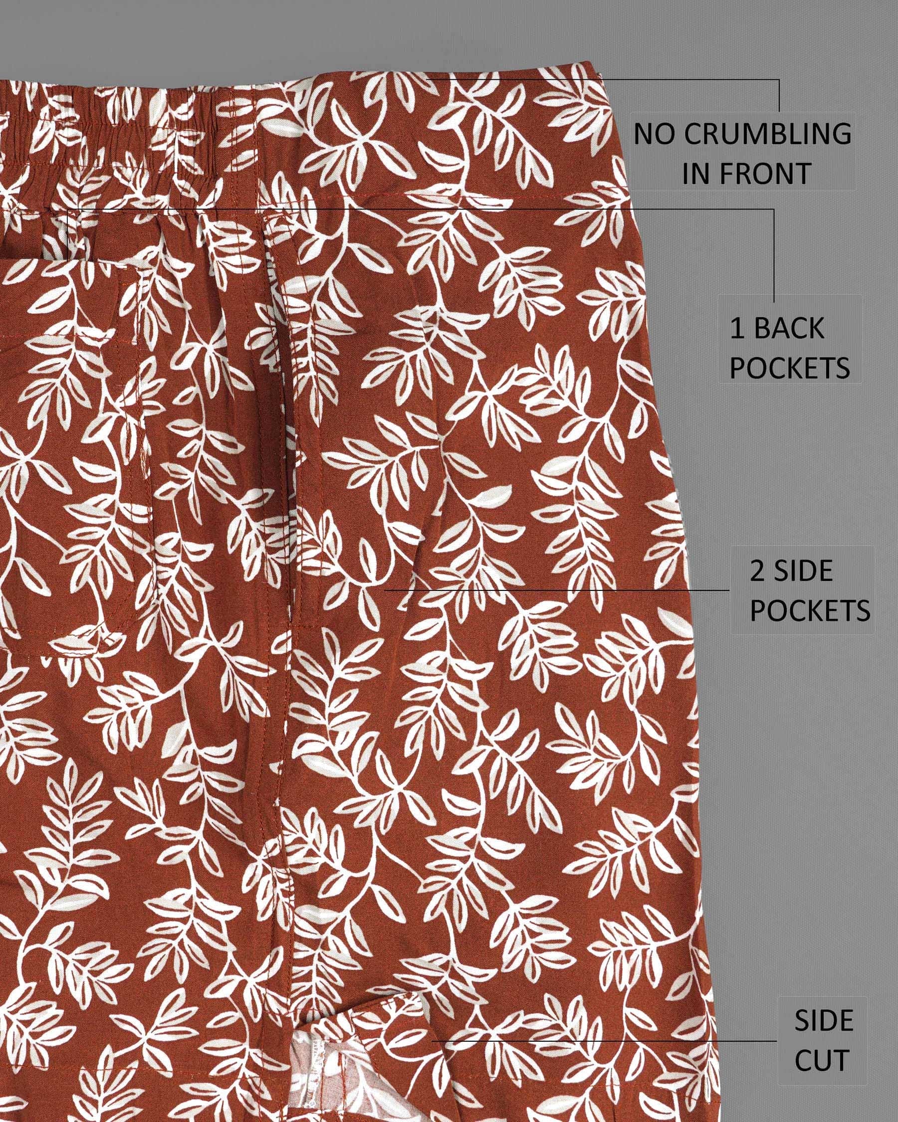 Nutmeg Brown Leaves Floral Printed Premium Tencel Boxers BX396-02-28, BX396-02-30, BX396-02-32, BX396-02-34, BX396-02-36, BX396-02-38, BX396-02-40, BX396-02-42, BX396-02-44