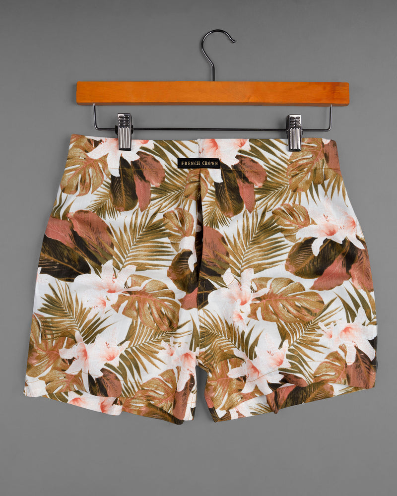 Bright White and Dark Tan Brown Leaves Printed Premium Tencel with Bright White With Sandrift Brown Star Printed Twill Boxers BX415-28, BX415-30, BX415-32, BX415-34, BX415-36, BX415-38, BX415-40, BX415-42, BX415-44