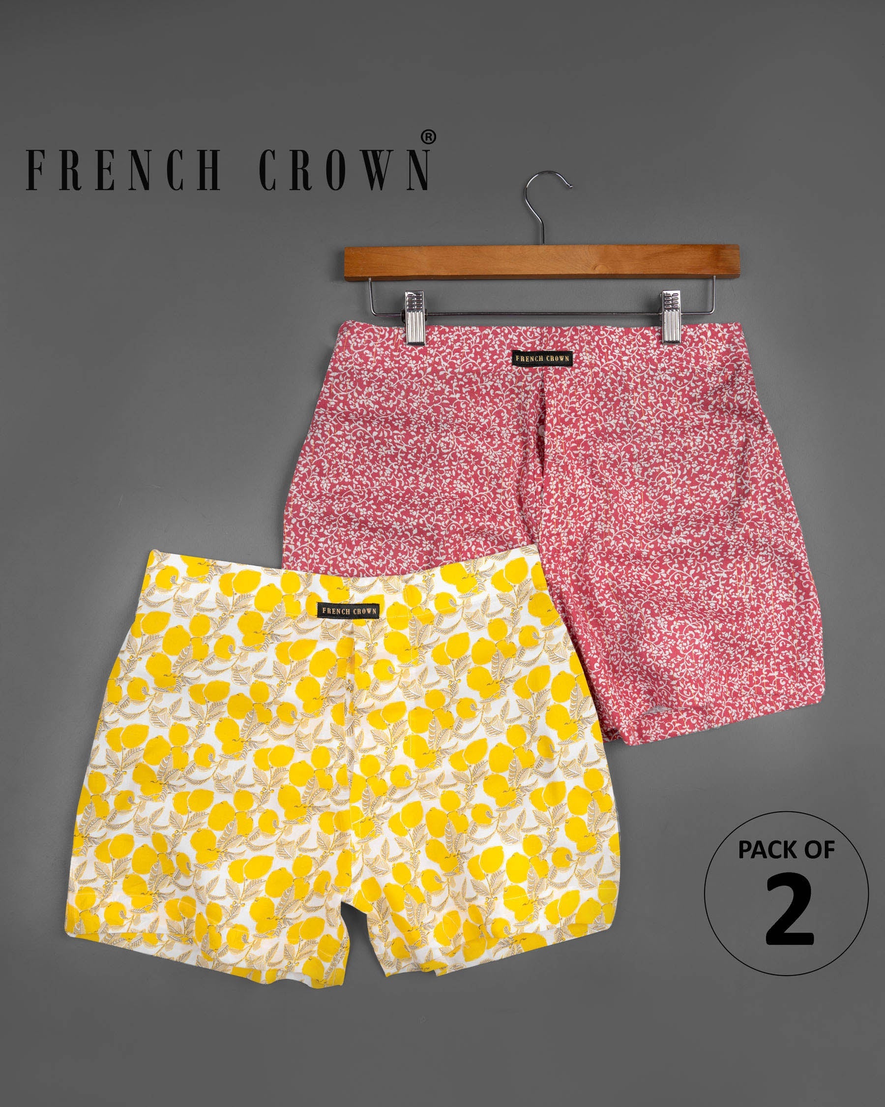 Artyclick Yellow Floral Printed Premium Cotton and Chestnut Pink Tencel Boxers CBX418-28, CBX418-30, CBX418-32, CBX418-34, CBX418-36, CBX418-38, CBX418-40, CBX418-42, CBX418-44