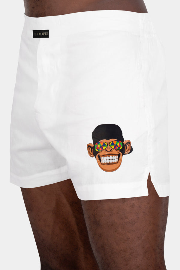 Bright White Funky Monkey Printed Subtle Sheen Super Soft Premium Cotton Boxers