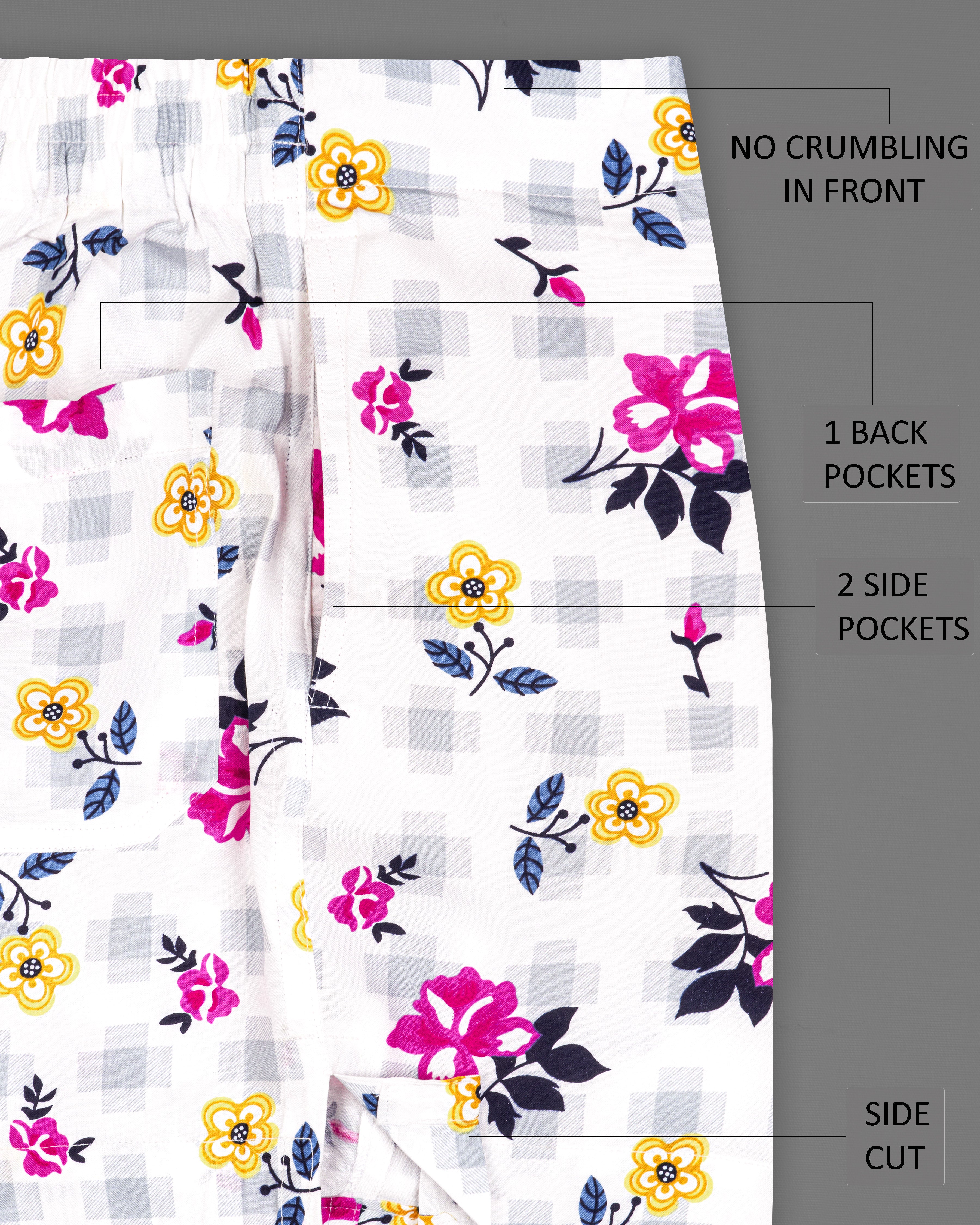 Bright White Floral Printed with Desert Storm Yellow Floral Printed Premium Cotton Boxers BX494-BX449-28, BX494-BX449-30, BX494-BX449-32, BX494-BX449-34, BX494-BX449-36, BX494-BX449-38, BX494-BX449-40, BX494-BX449-42, BX494-BX449-44