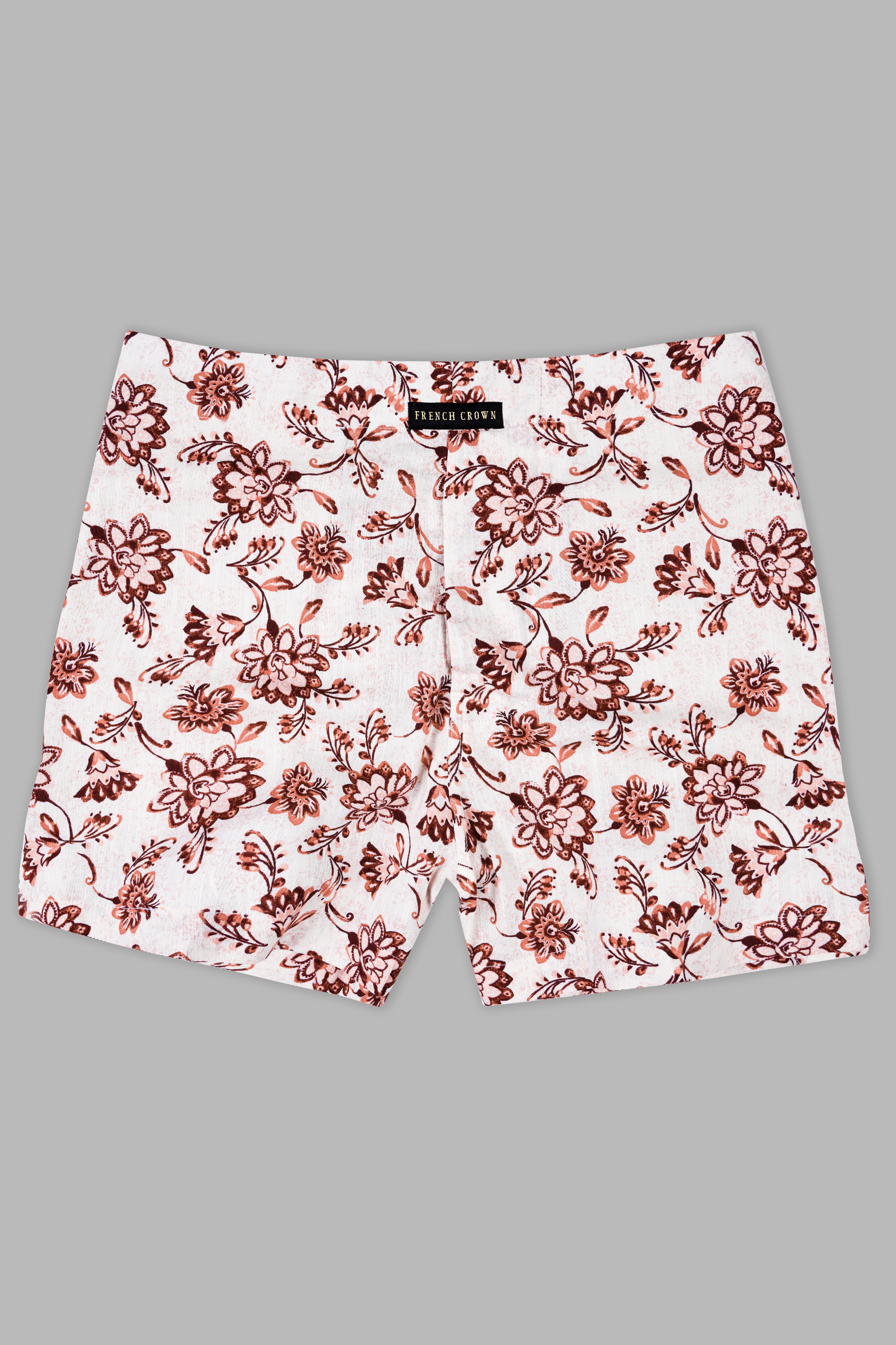 Nebula Cream And Mule Fawn Brown Floral Printed Luxurious Linen Boxer