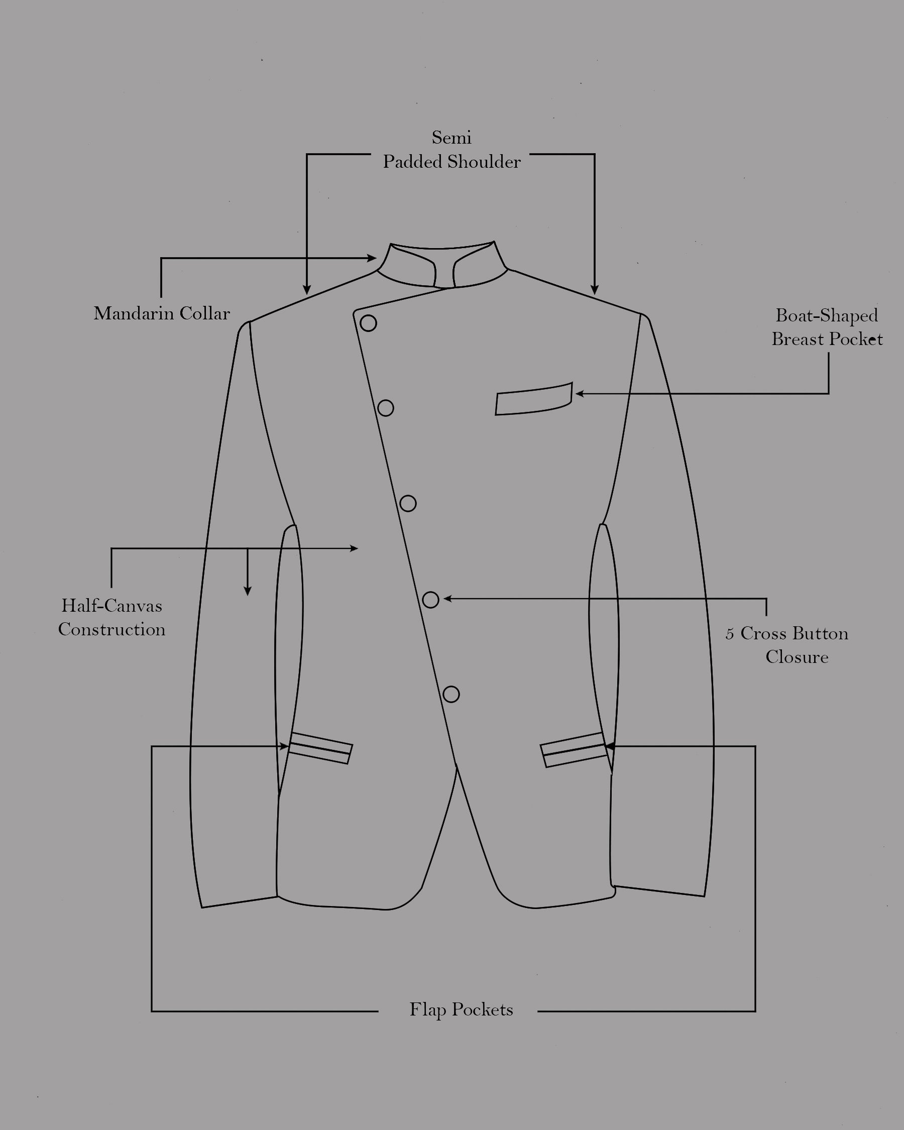 Vampire Gray Cross Placket Bandhgala Suit