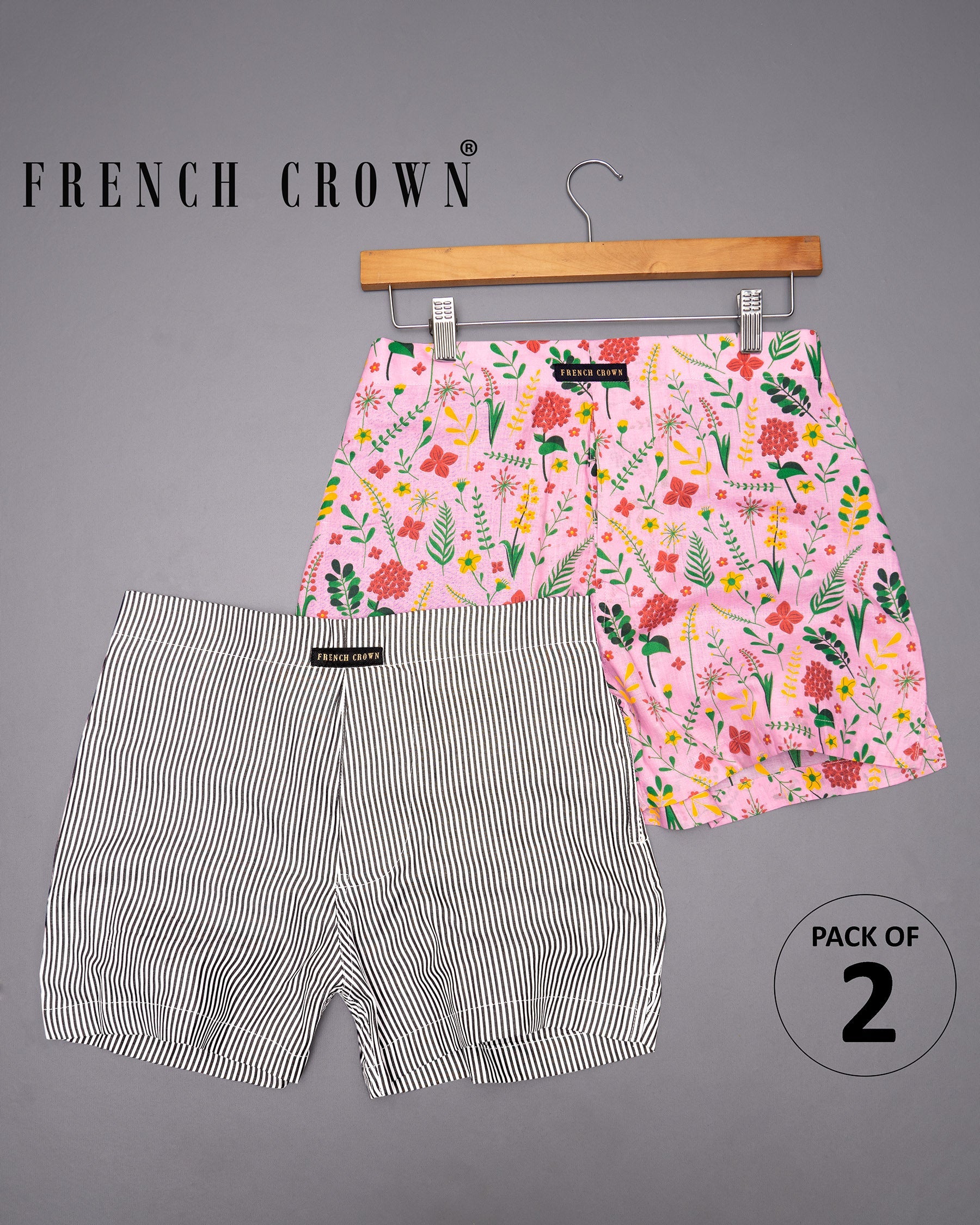 Alabaster with Jade Black Striped and Chantilly Pink Flowery Printed Tencel Boxers CBX380-28, CBX380-30, CBX380-32, CBX380-34, CBX380-36, CBX380-38, CBX380-40, CBX380-42, CBX380-44