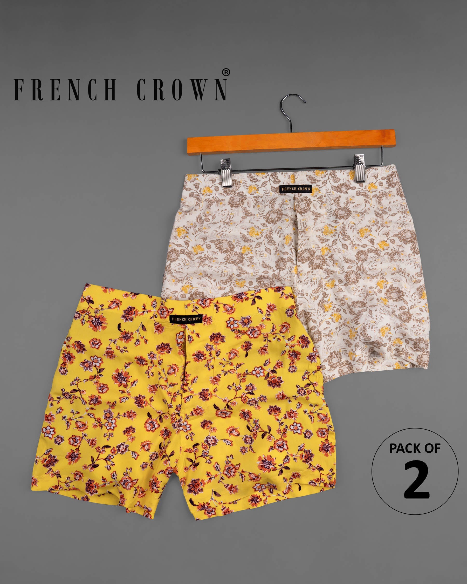 Tulip Tree Yellow and Timberwolf Beige Floral Printed Premium Tencel Boxers CBX405-28, CBX405-30, CBX405-32, CBX405-34, CBX405-36, CBX405-38, CBX405-40, CBX405-42, CBX405-44