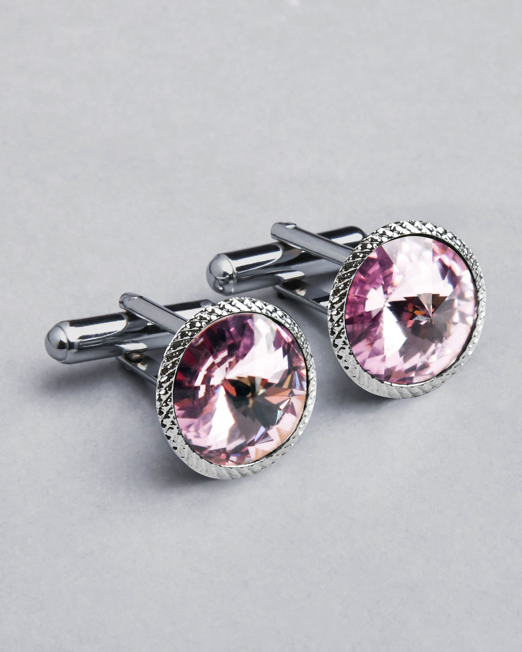 Silver with Border Engraved Baby Pink Diamond Shaped Stone Cufflinks CL48