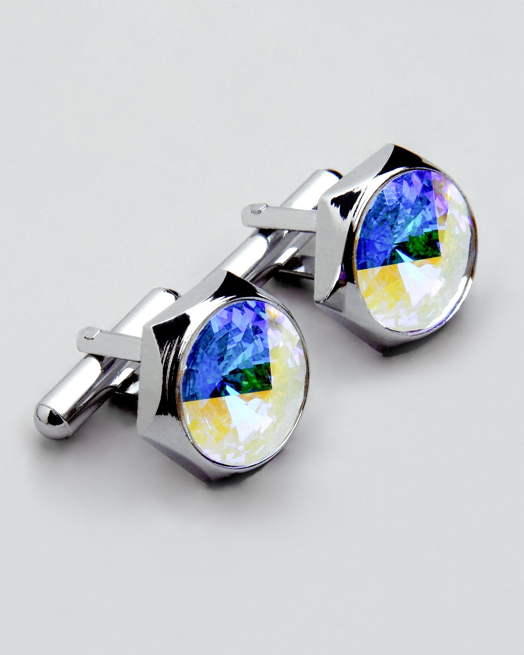 Silver with Tonal Aqua and Yellow Diamond Shaped Stone Hexagon Cufflinks CL20