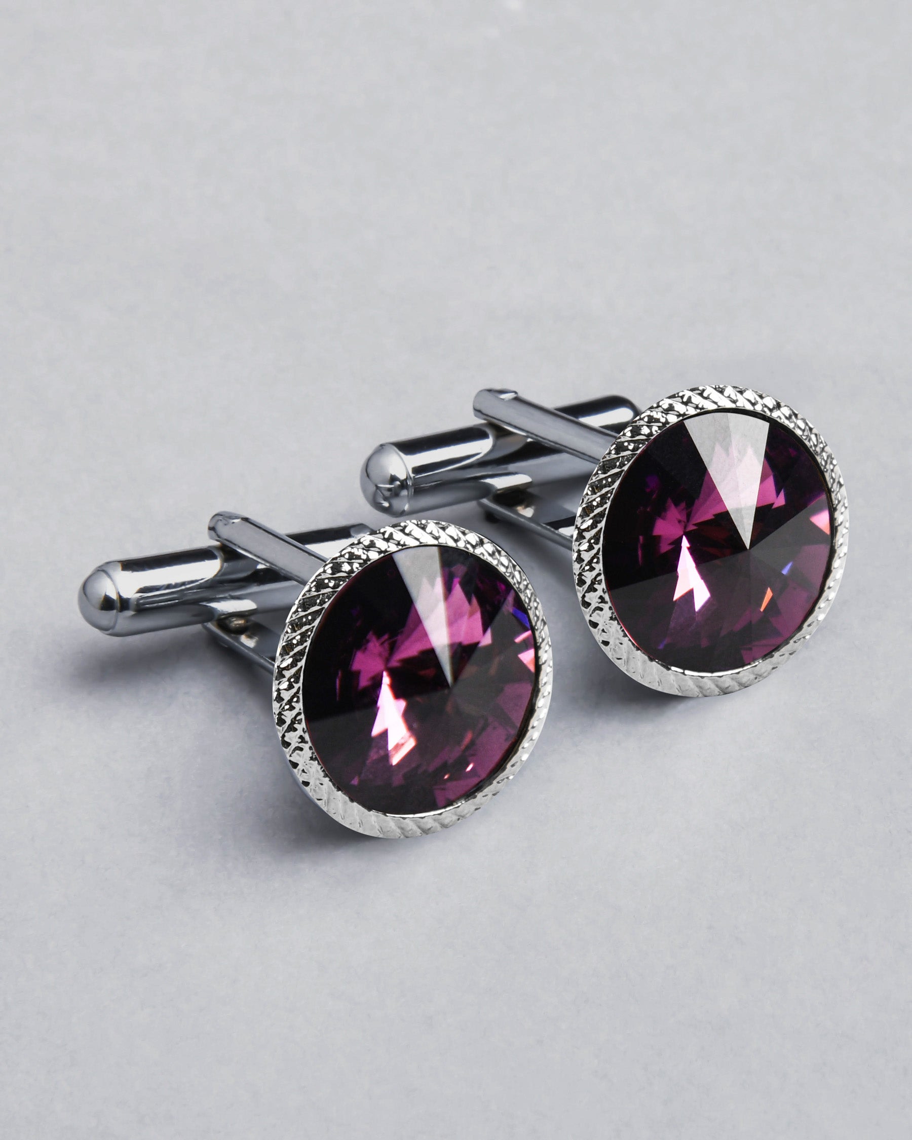 Silver with Border Engraved Purple Diamond Shaped Stone Cufflinks CL40