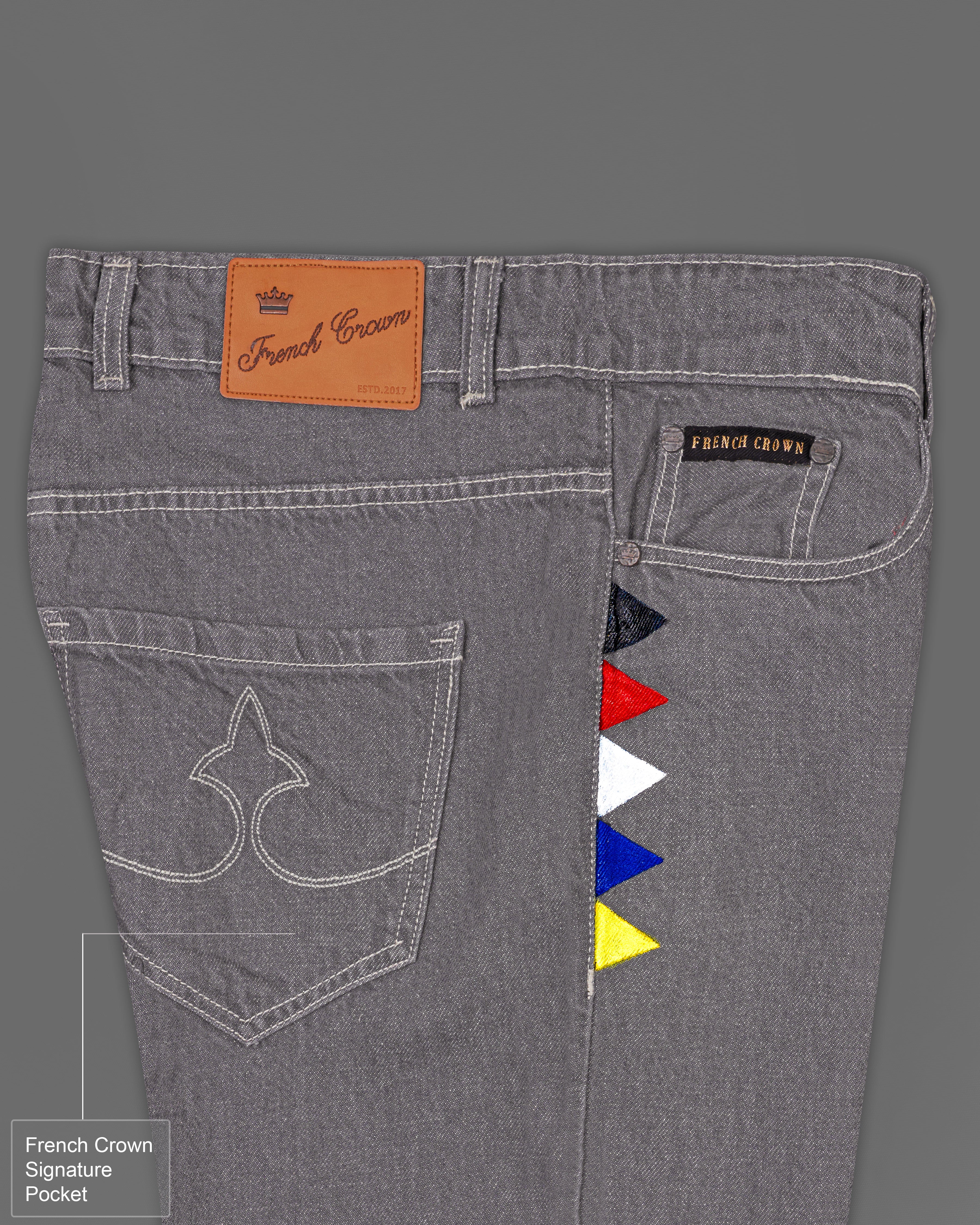 Flint Gray Multicolour Hand Painted Rinse Wash Denim J080-ART-32, J080-ART-34, J080-ART-36, J080-ART-38, J080-ART-40\