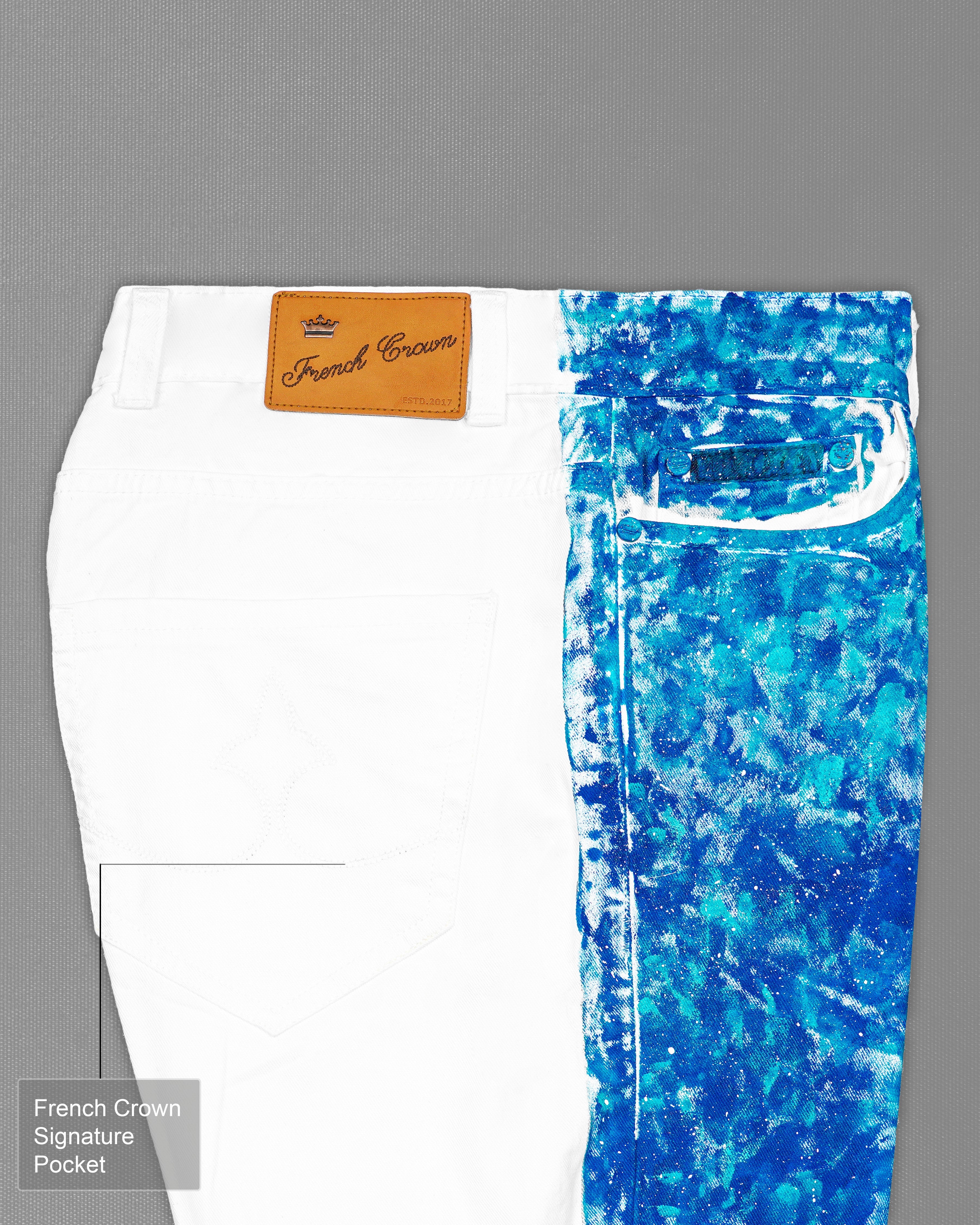 Bright White and Lochmara Blue Rinse Wash Hand Painted Denim J100-ART005-30, J100-ART005-32, J100-ART005-34, J100-ART005-36, J100-ART005-38, J100-ART005-40