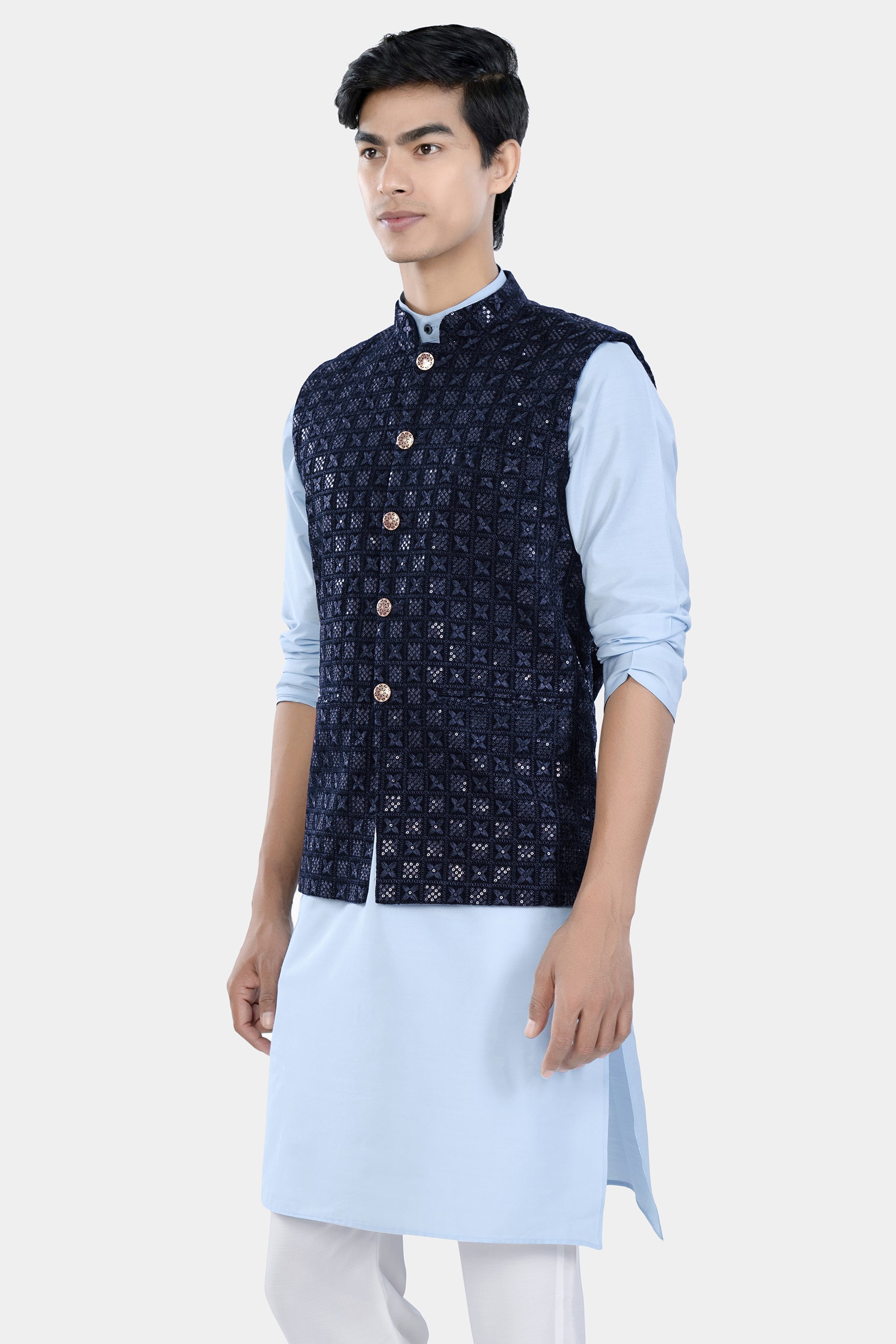 Tropical Blue Kurta Set with Midnight Blue Geometric Thread and Sequin Embroidered Designer Nehru Jacket KPNJ017-44,  KPNJ017-46,  KPNJ017-48,  KPNJ017-50,  KPNJ017-52,  KPNJ017-54,  KPNJ017-56,  KPNJ017-58,  KPNJ017-60