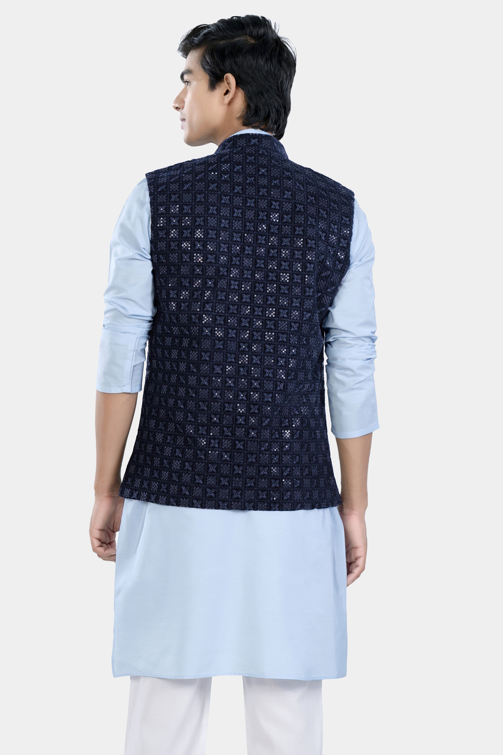 Tropical Blue Kurta Set with Midnight Blue Geometric Thread and Sequin Embroidered Designer Nehru Jacket KPNJ017-44,  KPNJ017-46,  KPNJ017-48,  KPNJ017-50,  KPNJ017-52,  KPNJ017-54,  KPNJ017-56,  KPNJ017-58,  KPNJ017-60