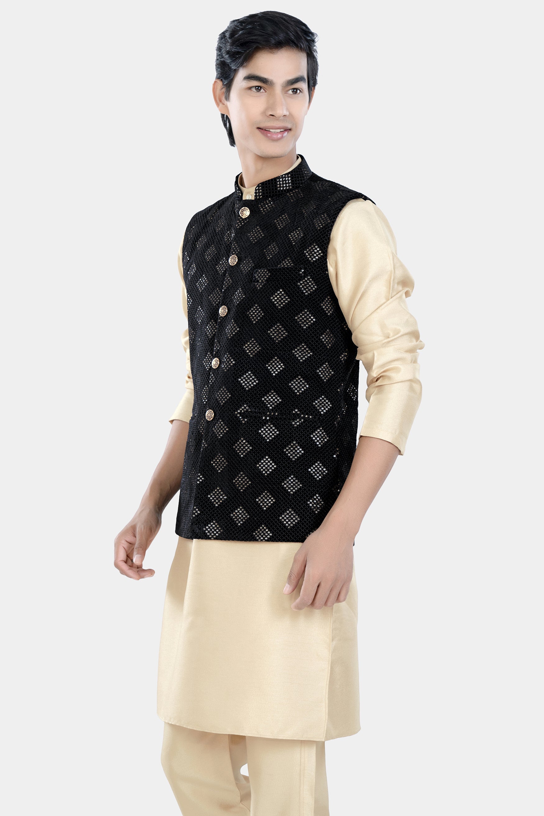 Almond Brown Kurta Set with Jade Black Geometric Sequin and Thread Embroidered Designer Nehru Jacket KPNJ002-44,  KPNJ002-46,  KPNJ002-48,  KPNJ002-50,  KPNJ002-52,  KPNJ002-54,  KPNJ002-56,  KPNJ002-58,  KPNJ002-60