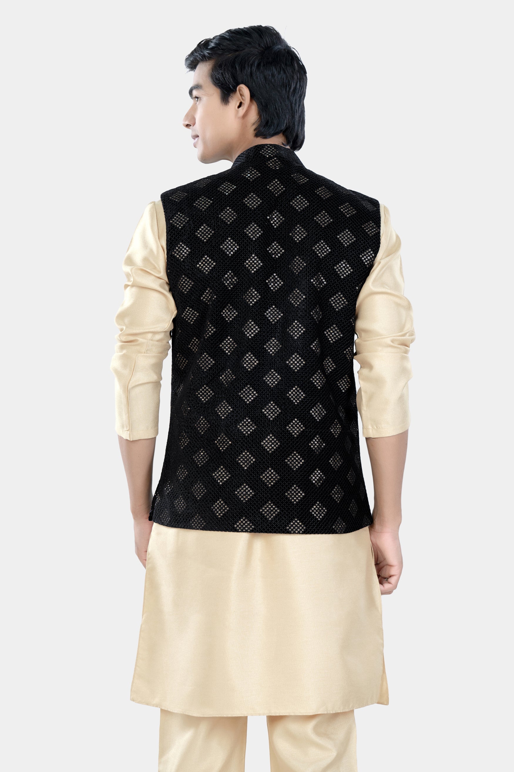 Almond Brown Kurta Set with Jade Black Geometric Sequin and Thread Embroidered Designer Nehru Jacket KPNJ002-44,  KPNJ002-46,  KPNJ002-48,  KPNJ002-50,  KPNJ002-52,  KPNJ002-54,  KPNJ002-56,  KPNJ002-58,  KPNJ002-60